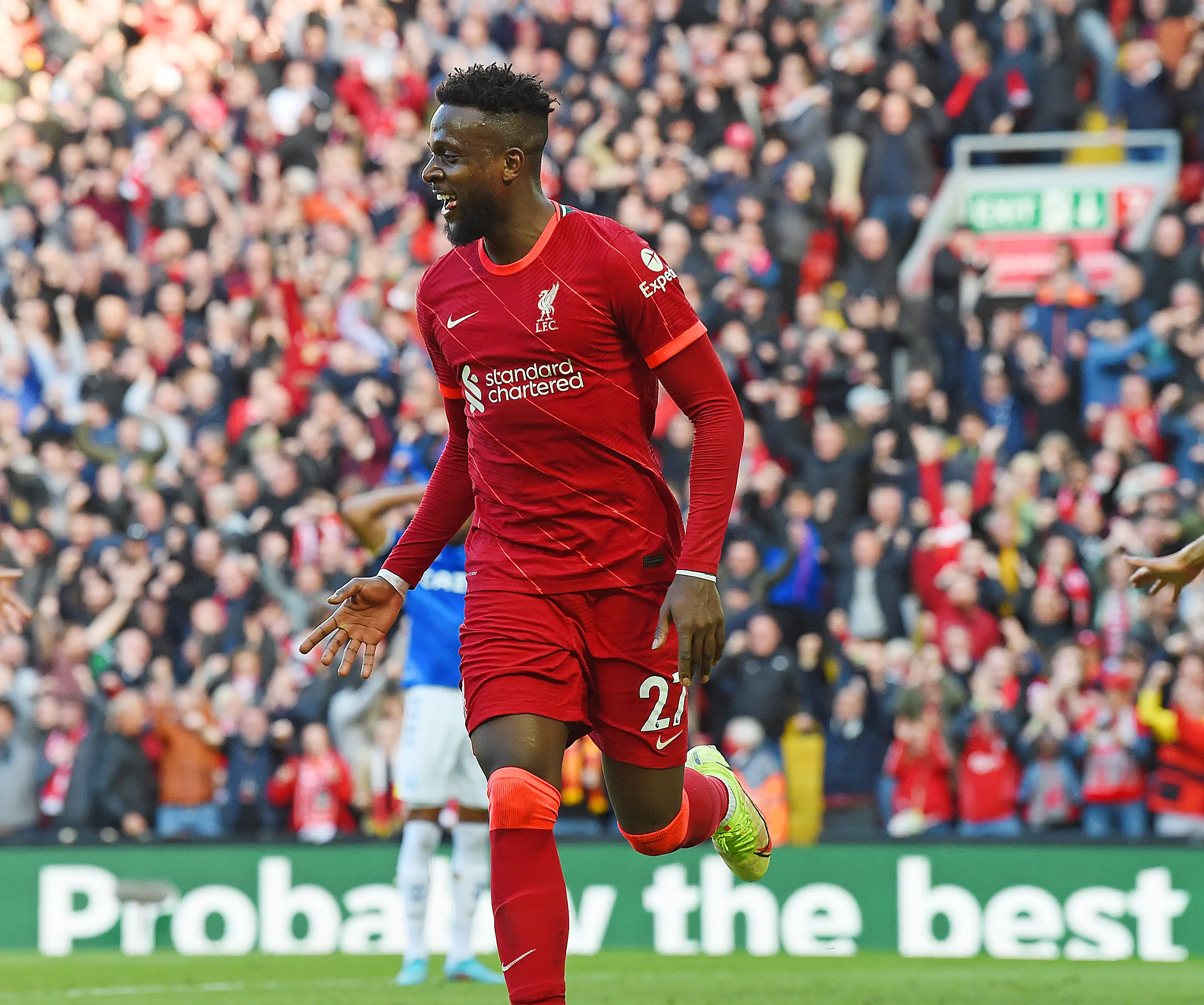  Divock Origi of Liverpool celebrates scoring the second goal during the Premier League match between Liverpool and Everton (Getty Images