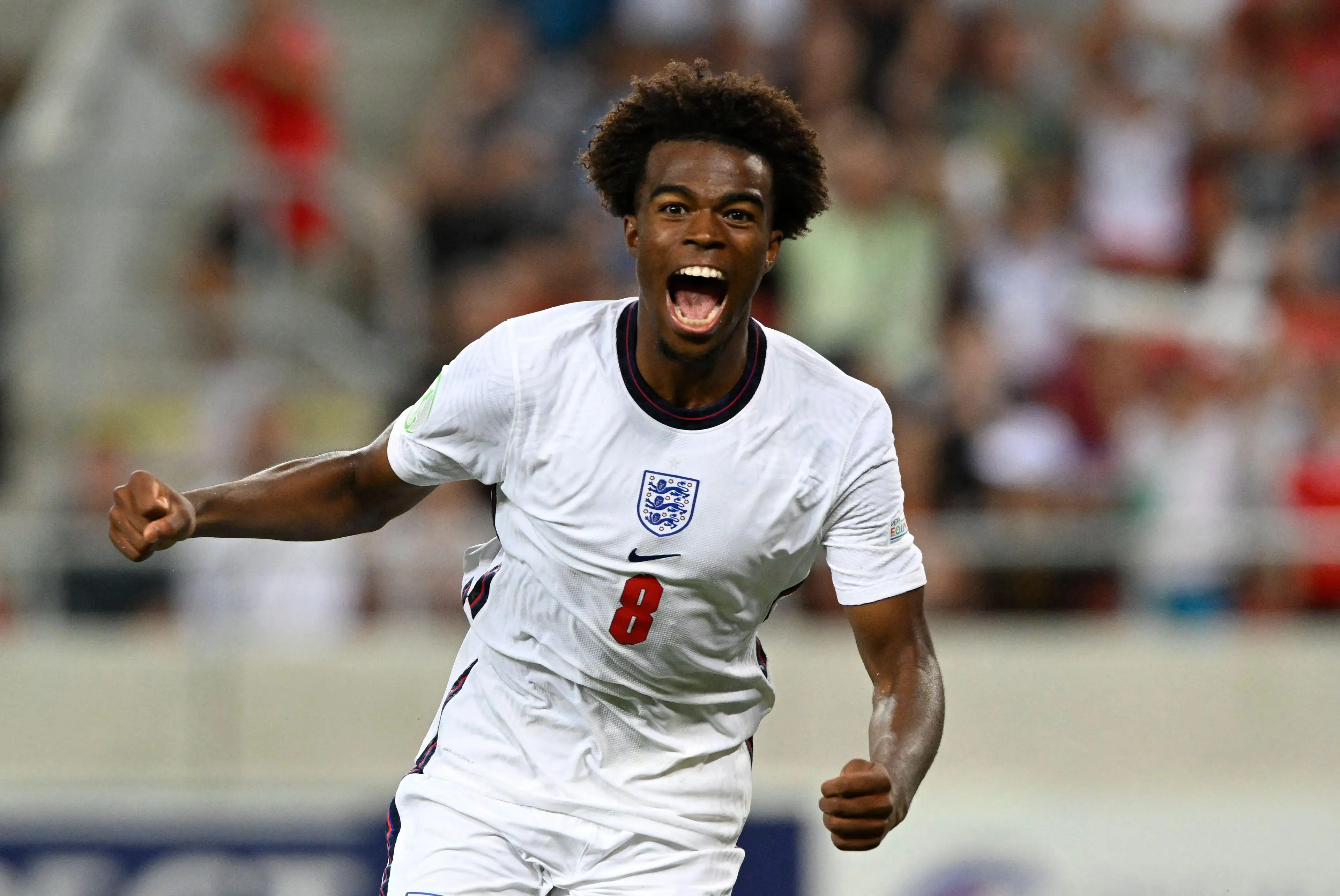 Carney Chukwuemeka celebrates after scoring in the Euro U19 final vs Israel. (Alamy)