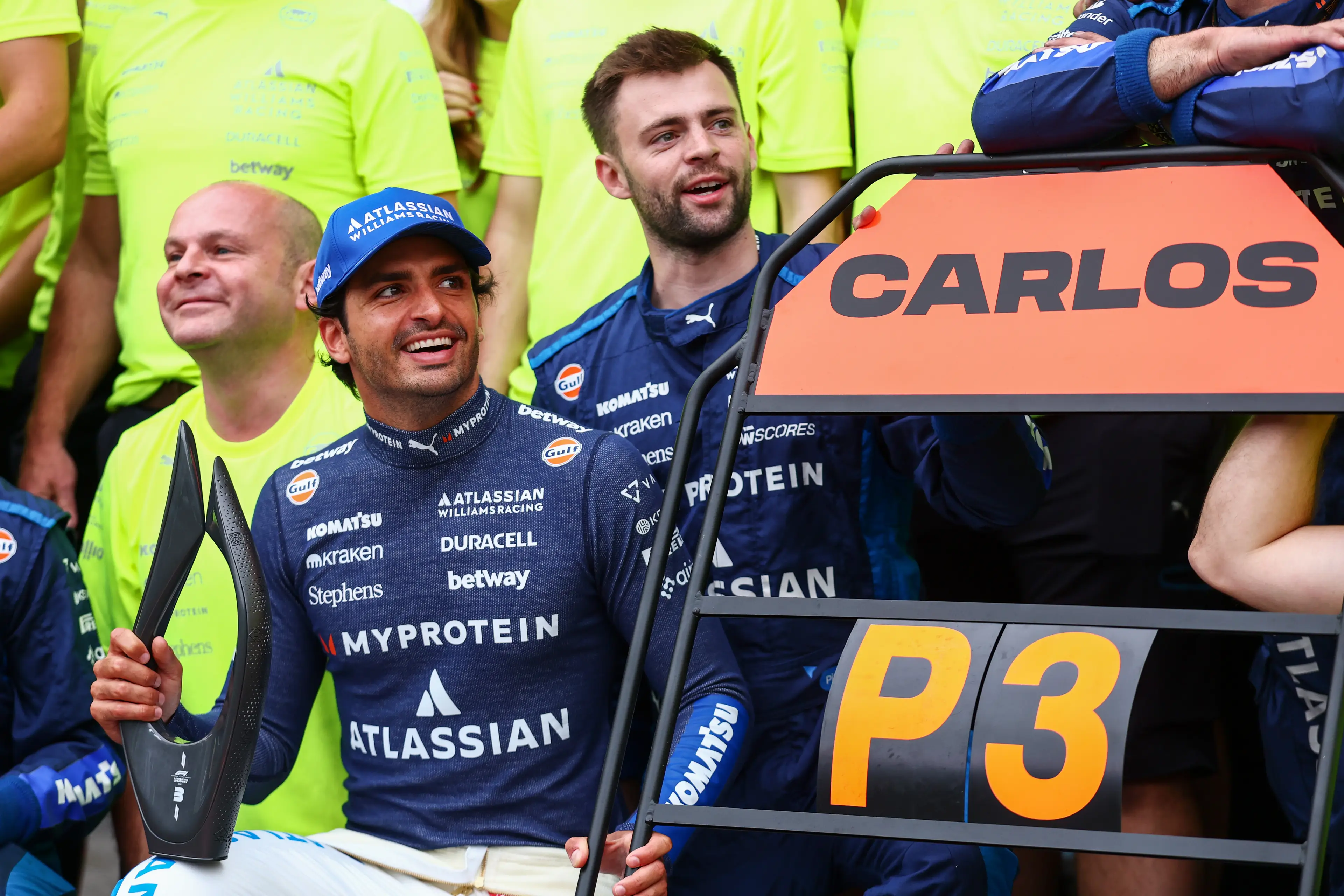 Carlos Sainz celebrates Azerbaijan GP podium. Image: Clive Rose / Staff via Getty