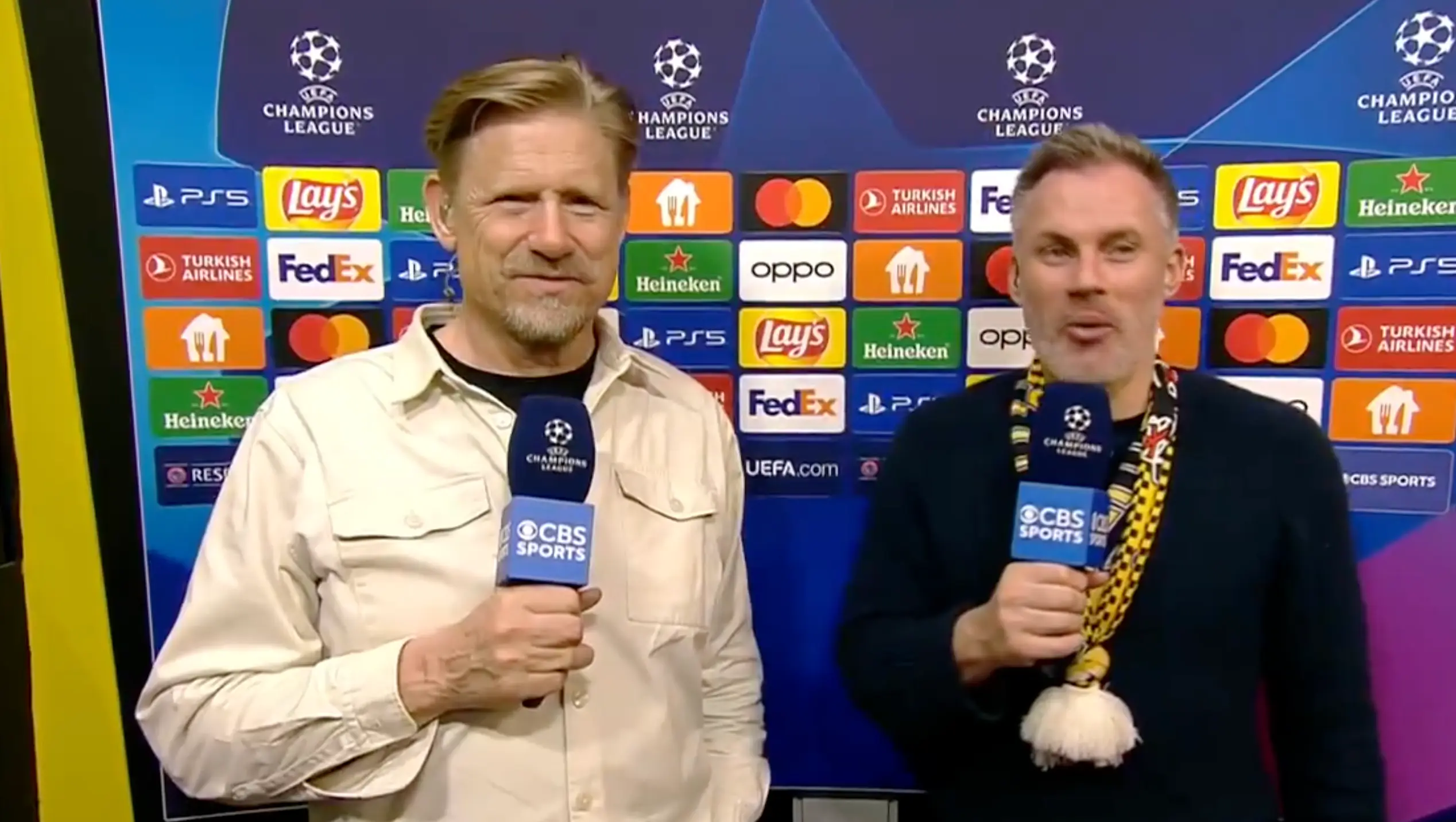 Carragher and Schmeichel after Dortmund's win over PSG last season. Image credit: CBS