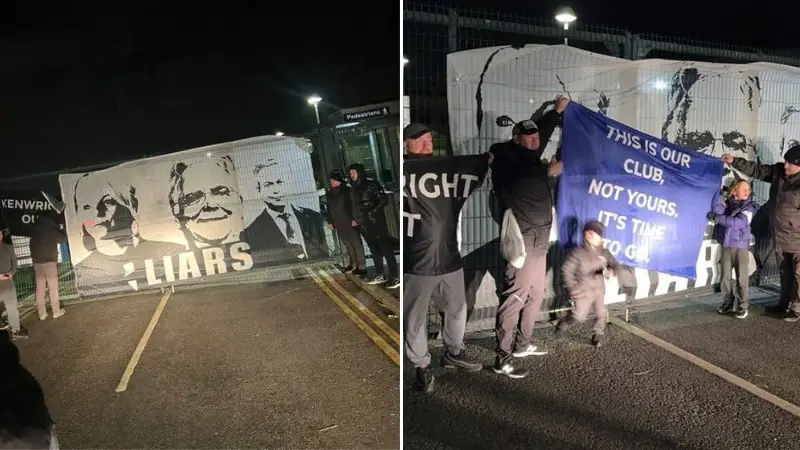 Everton fans protest outside training ground after the club sign zero players in January