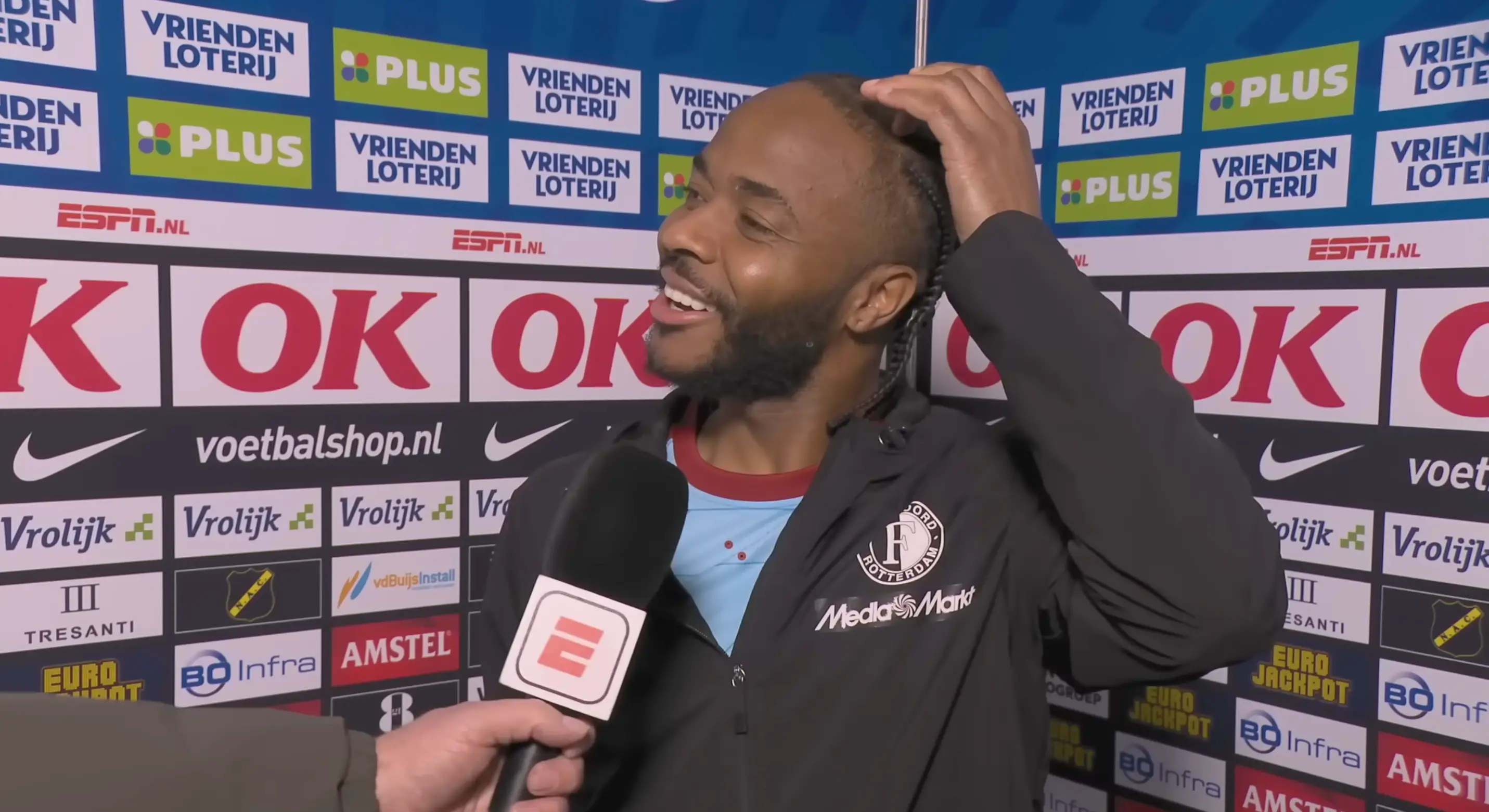 Sterling replied to the question, saying: "You shouldn’t be laughing, my guy!". Image credit: ESPN NL/YouTube