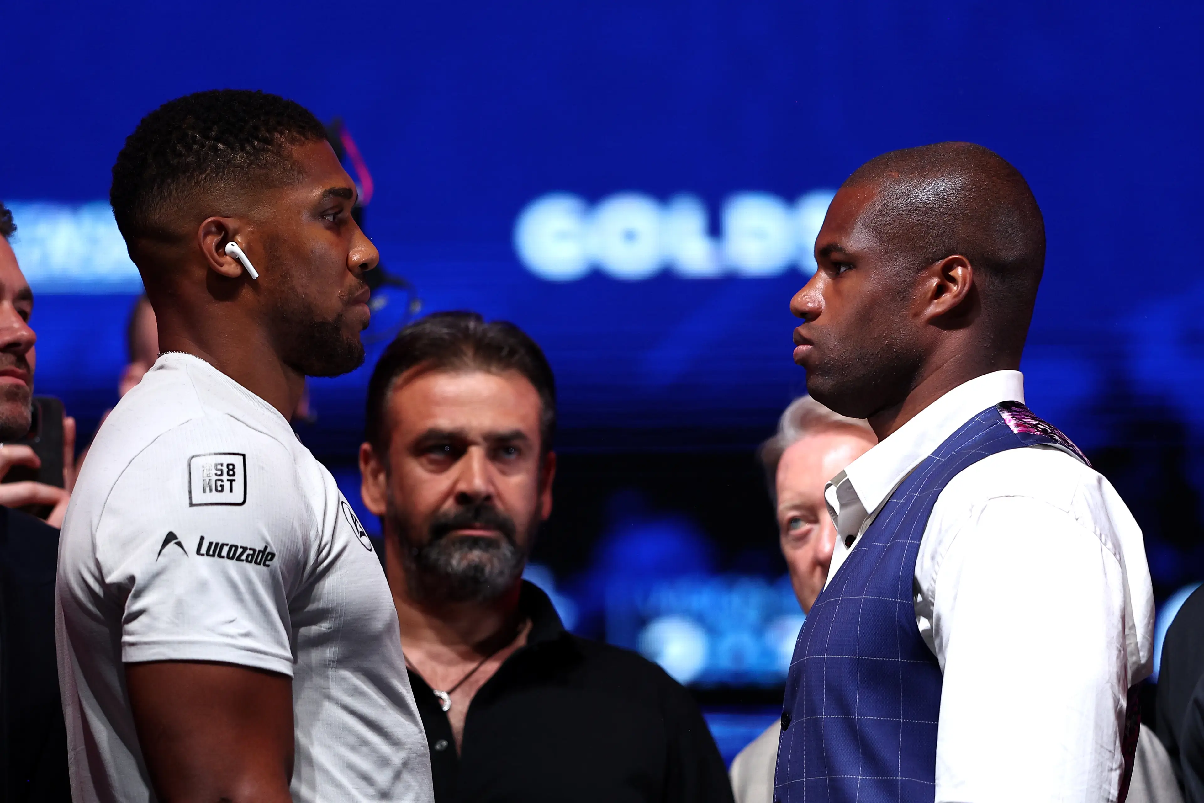 Anthony Joshua faces off with Daniel Dubois ahead of their September 21 fight. Image: Getty