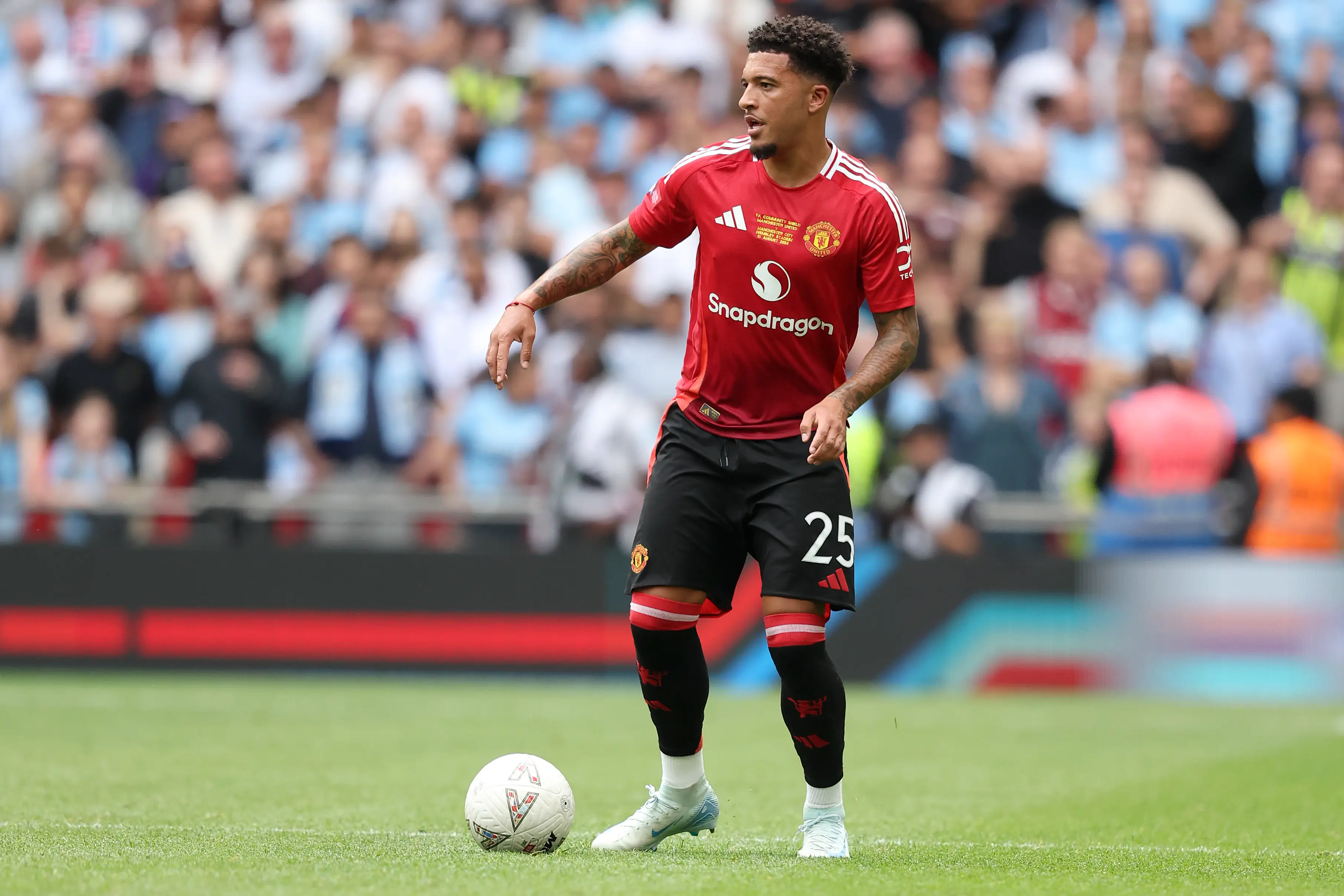 Jadon Sancho in action for Manchester United during the Community Shield. Image: Getty 