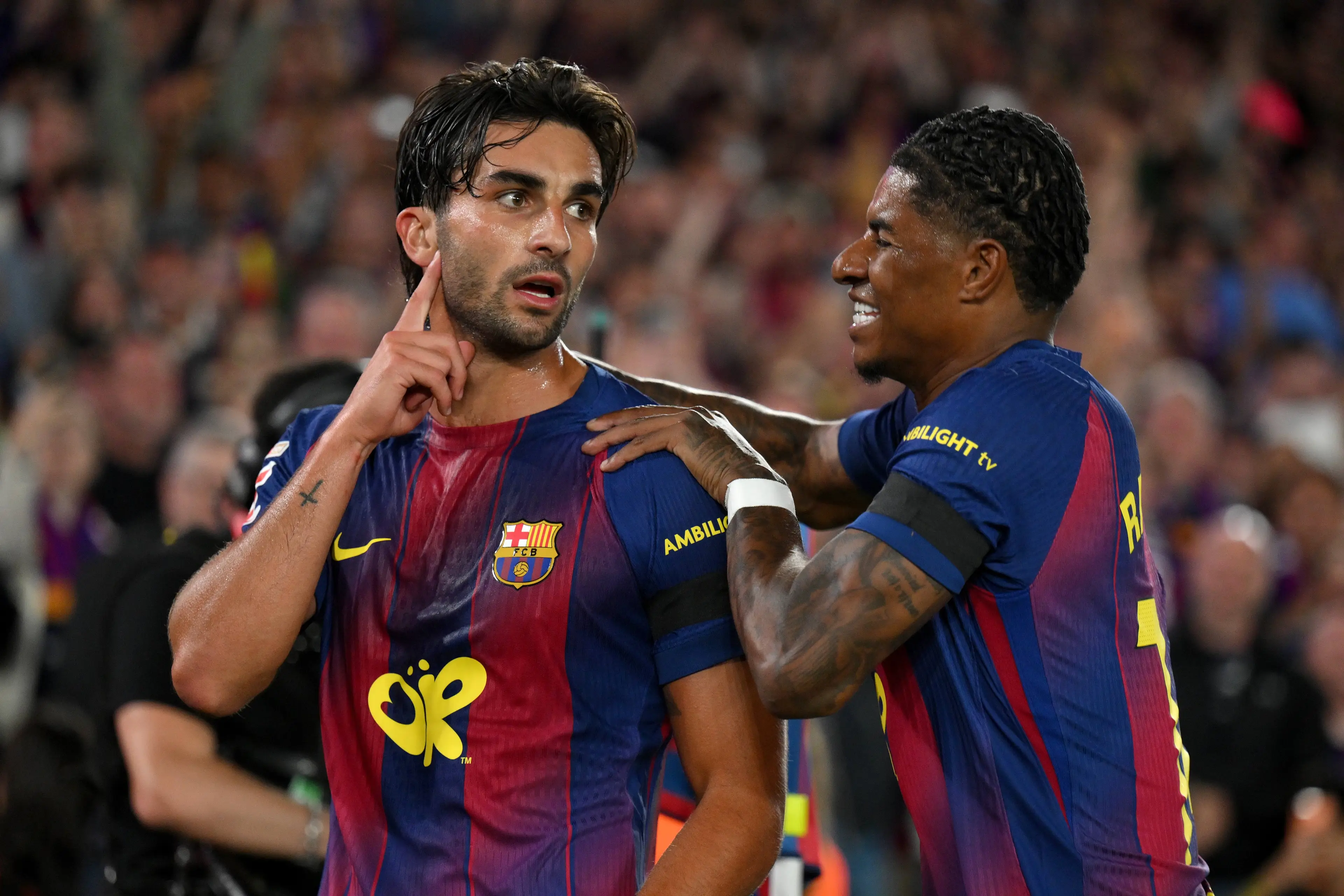 Ferran Torres of FC Barcelona celebrates scoring his team's second goal with teammate Marcus Rashford during the LaLiga (Getty Images)
