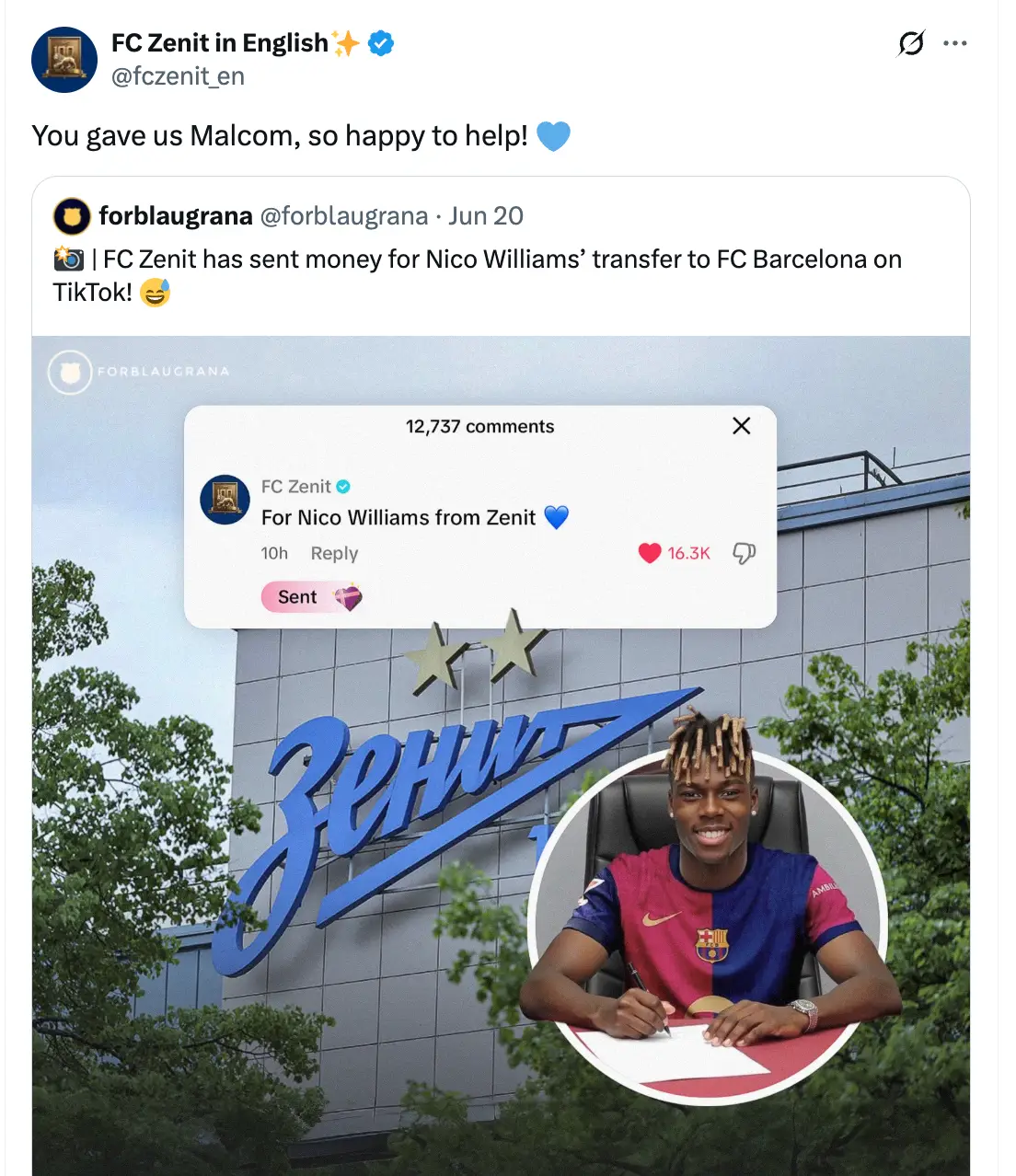 Zenit made a TikTok donation to Barcelona as they close in on the signing of Nico Williams. Image credit: X/@fczenit_en