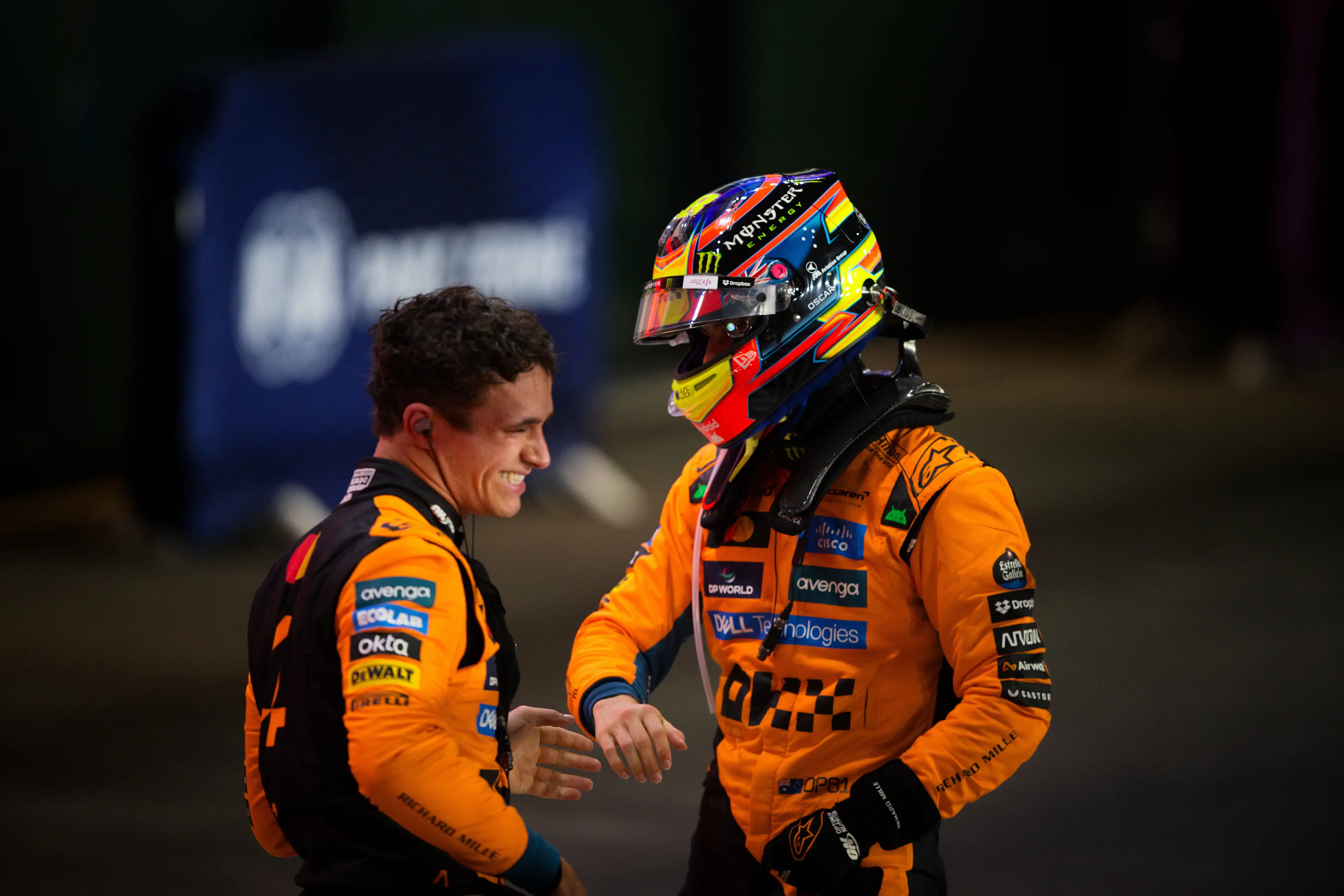 Lando Norris congratulating Oscar Piastri on Qatar sprint victory (credit: getty)