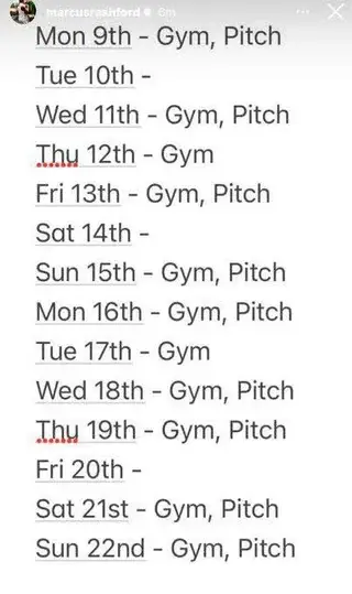 Marcus Rashford's training schedule (Credit:MarcusRashford/IG)