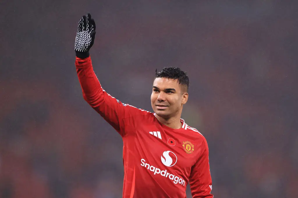 Casemiro acknowledges Man Utd supporters before he is substituted vs Leicester (Image: Getty)