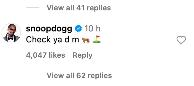 Snoop Dogg shocked fans with his random response to Tiger Woods. Image: Instagram/@tigerwoods