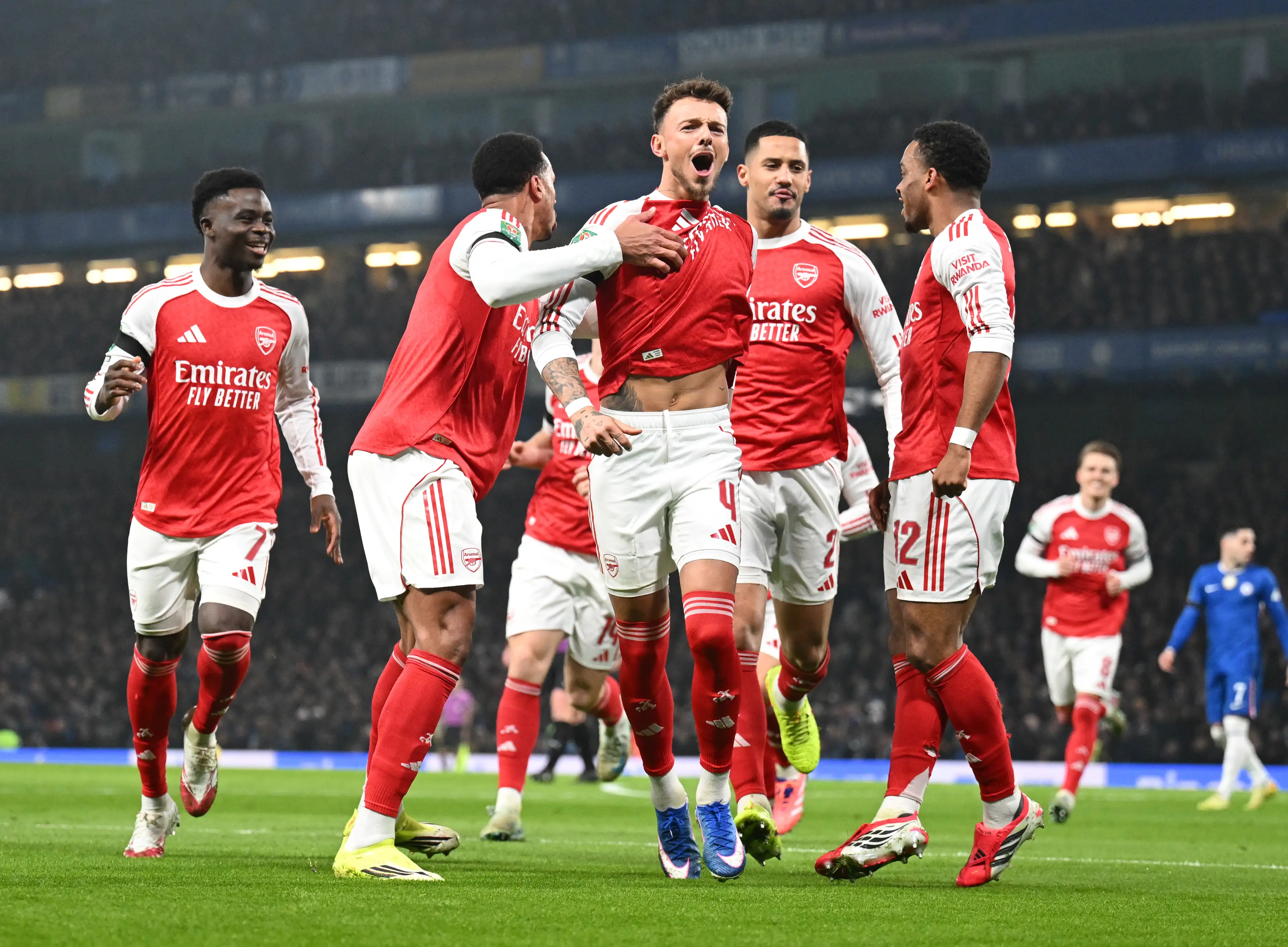 Ben White wheels away in celebration after scoring against Chelsea. Image: Getty 