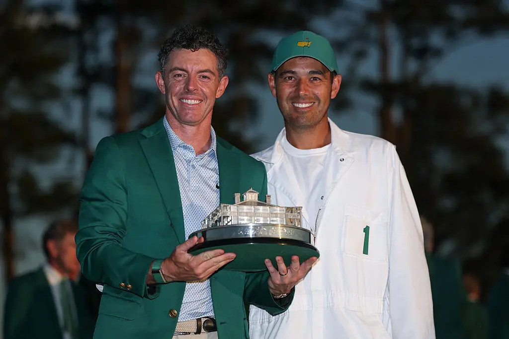 Rory McIlroy and Harry Diamond with the Masters trophy (Credit:Getty)