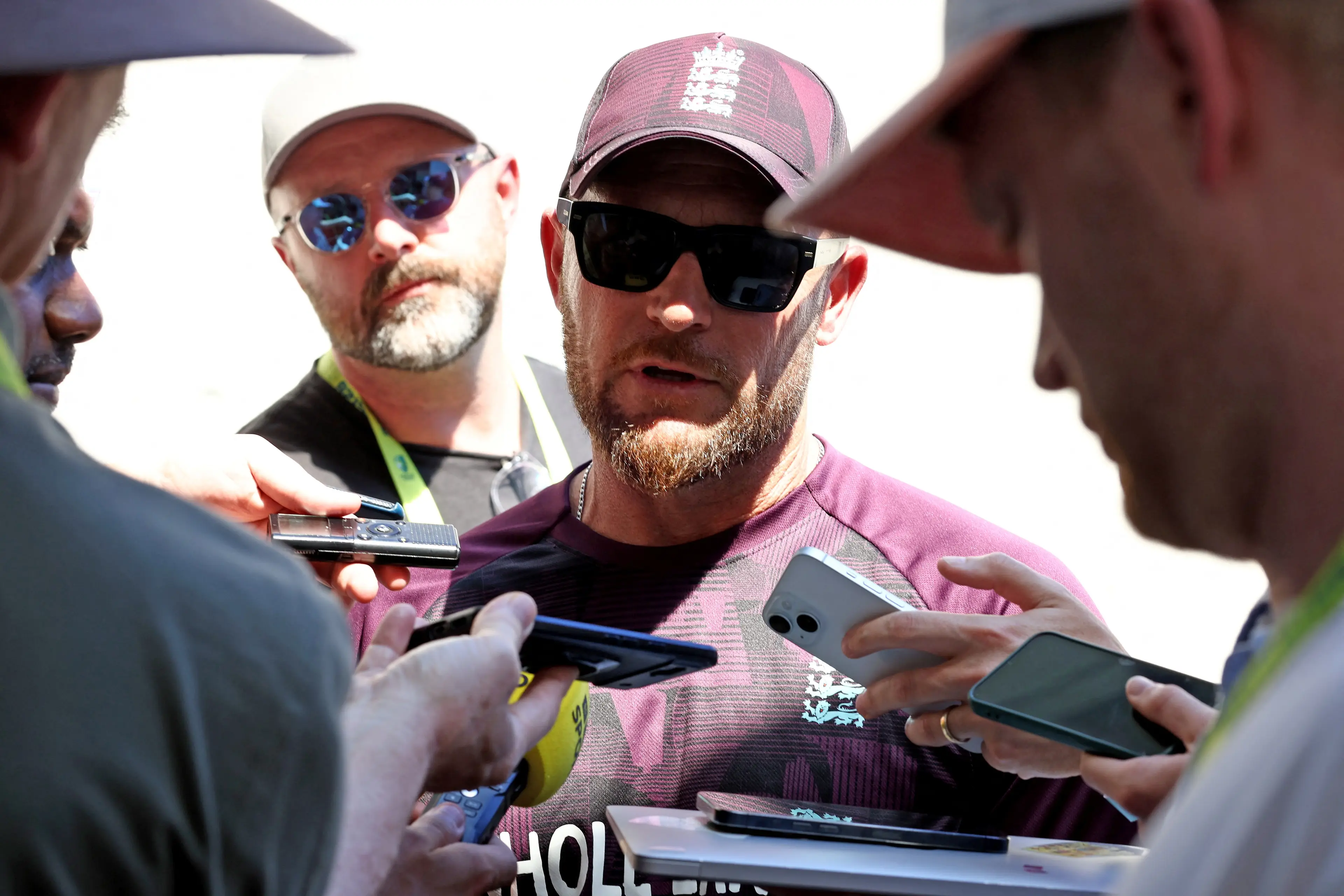 Brendon McCullum fields questions from the media after England's Ashes series defeat. Image: Getty 