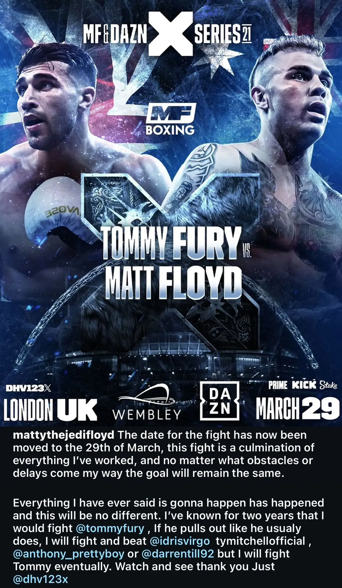 Matt Floyd claims to be fighting Tommy Fury on March 29. Image: Instagram/Matty Floyd 
