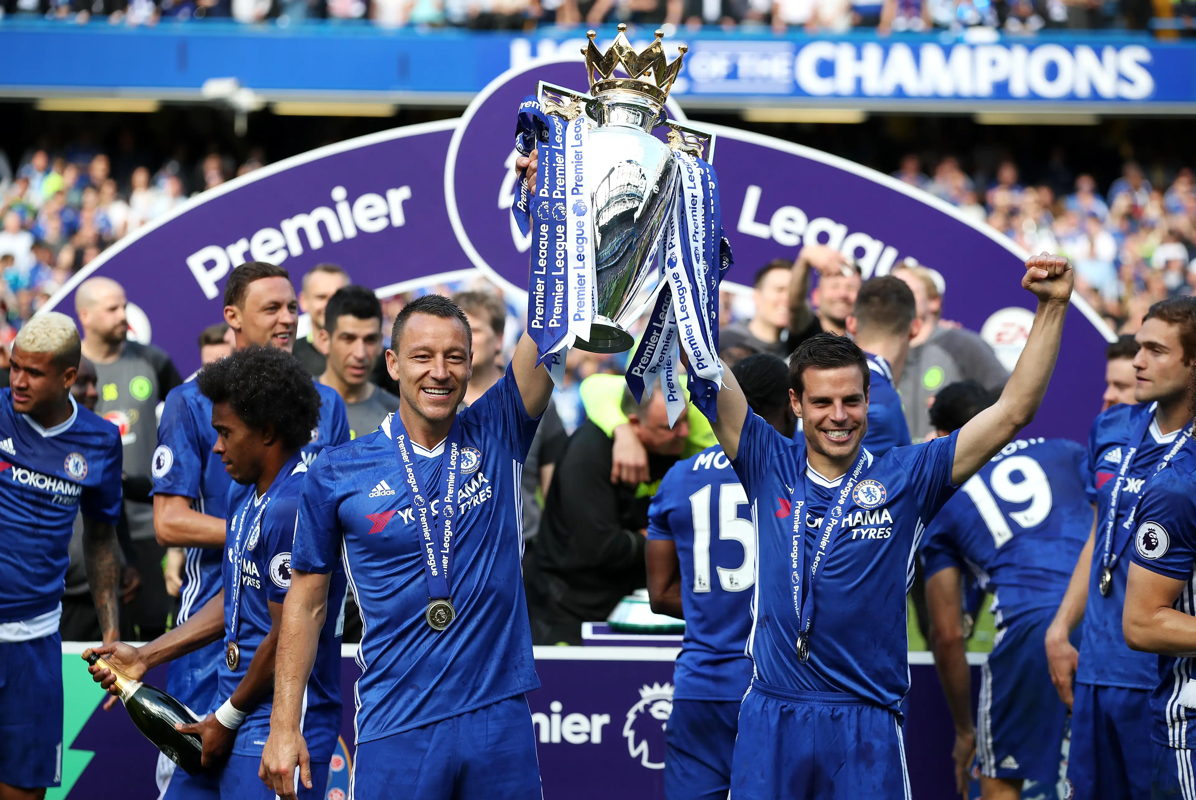Azpilicueta and Terry with the Premier League title together. Image: PA Images
