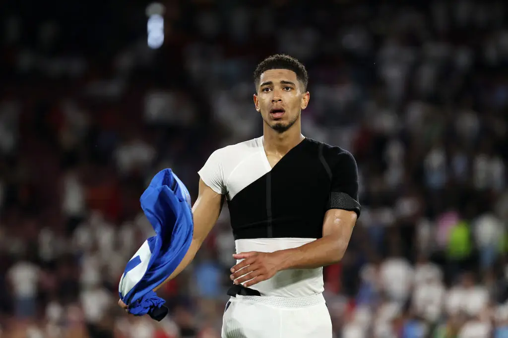 Jude Bellingham was seen wearing shoulder padding after England's 0-0 draw with Slovenia in the Euro 2024 group stage. (Image: Getty)