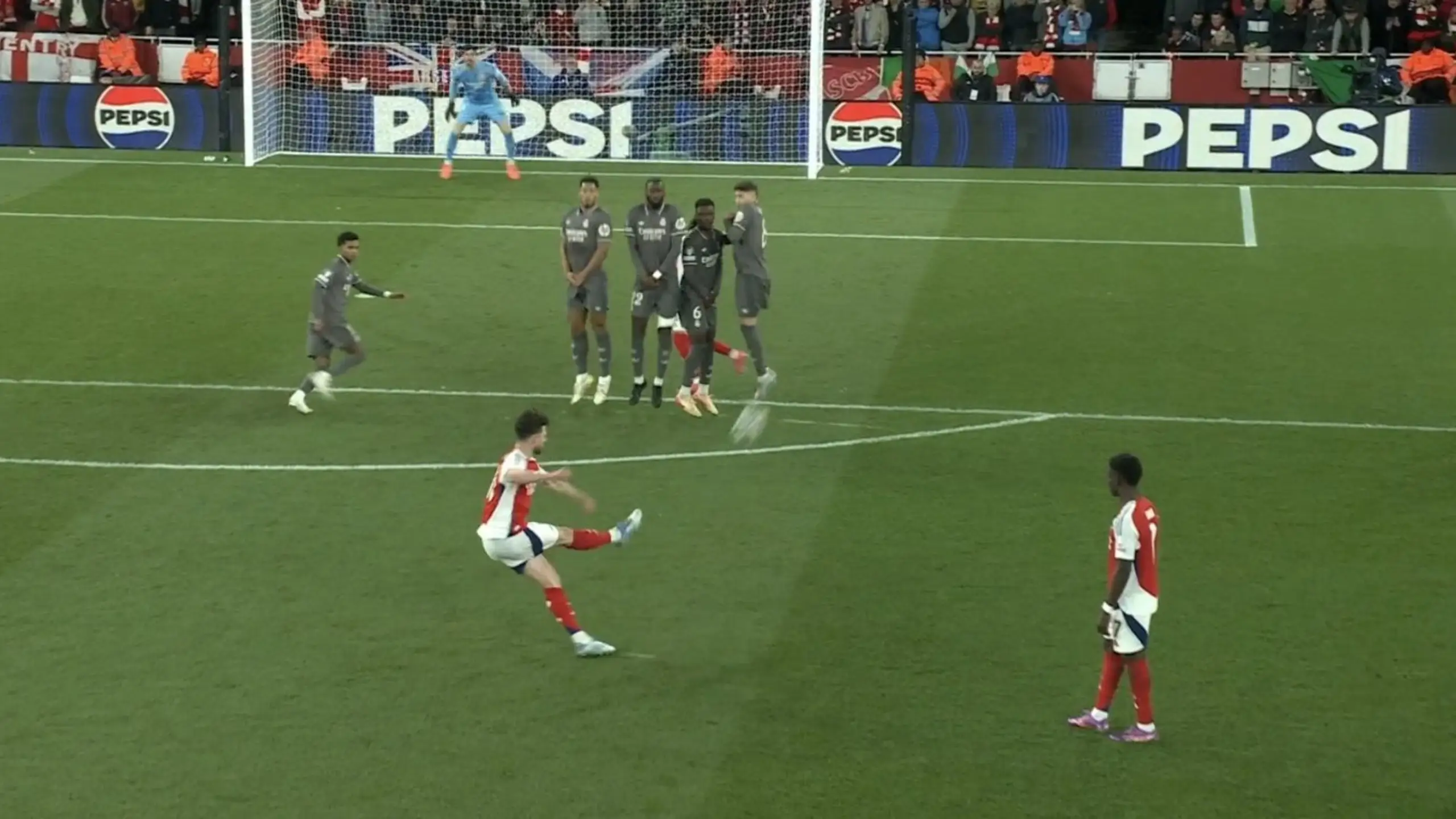 Rice curled the ball around Madrid's wall with a superb effort. Image credit: Amazon Prime