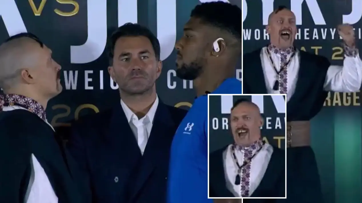Oleksandr Usyk bursts into song after tense face-off with Anthony Joshua ahead of their rematch