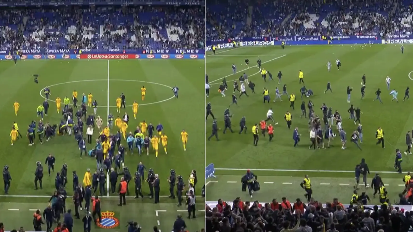 Barcelona players dart down the tunnel as Espanyol fans chase them after title win