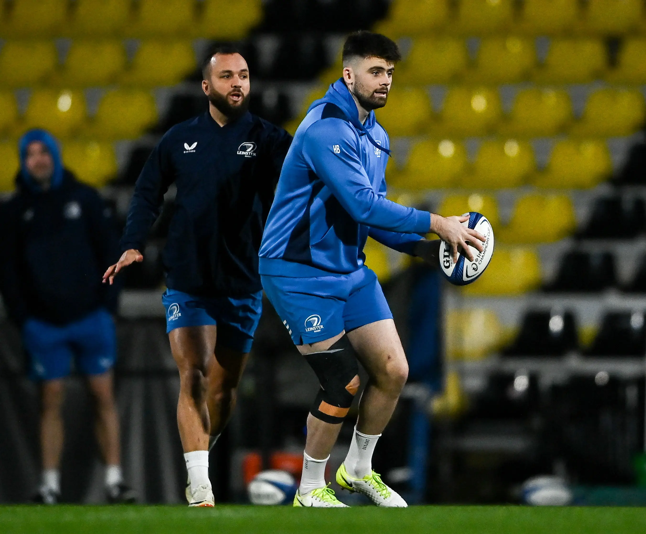Harry Byrne and Jamison Gibson-Park during a Leinster Rugby captain's run at Stade Marcel Deflandre in La Rochelle (Getty Images