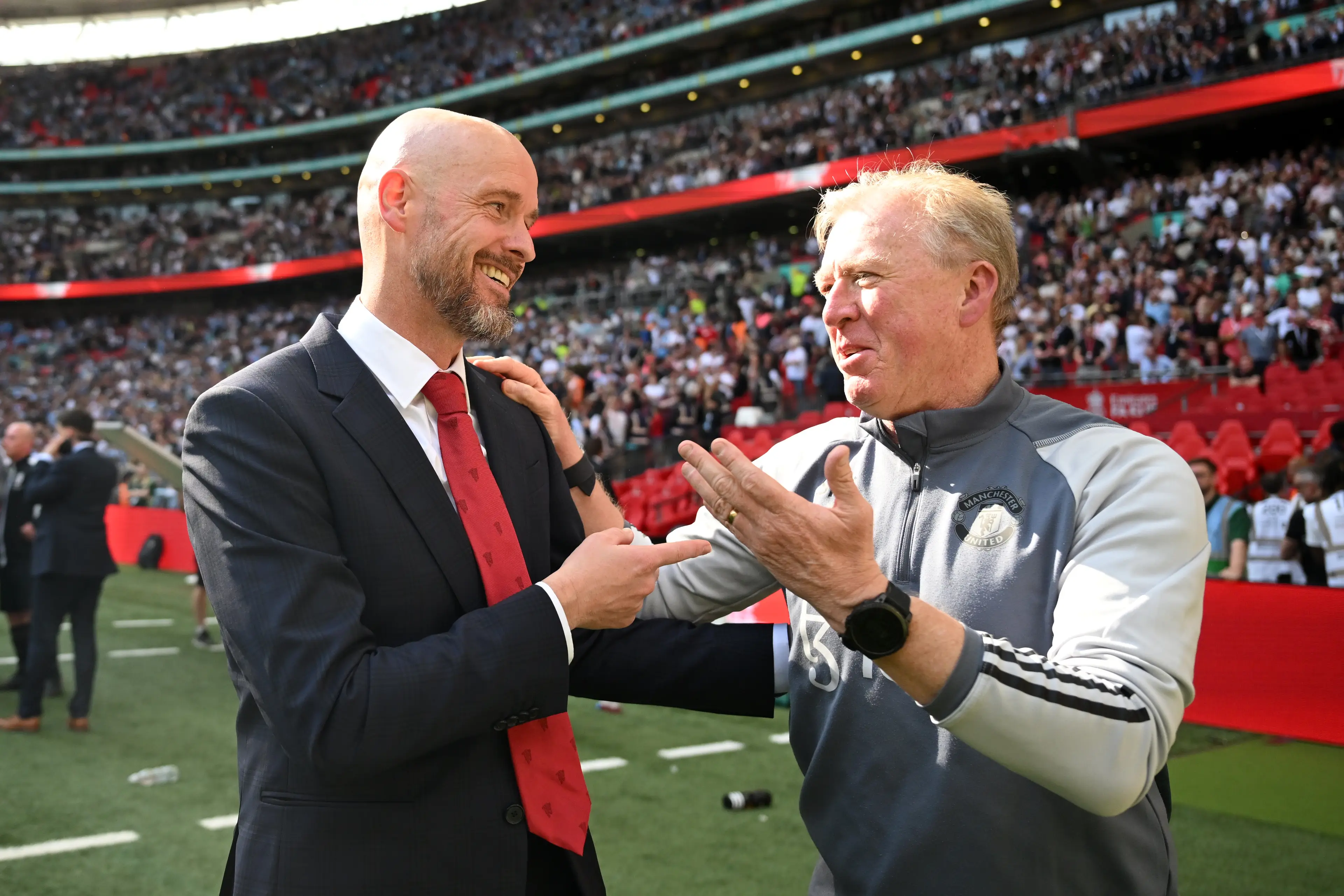 Steve McClaren shares an embrace with Erik ten Hag following Manchester United's FA Cup triumph. Image: Getty 