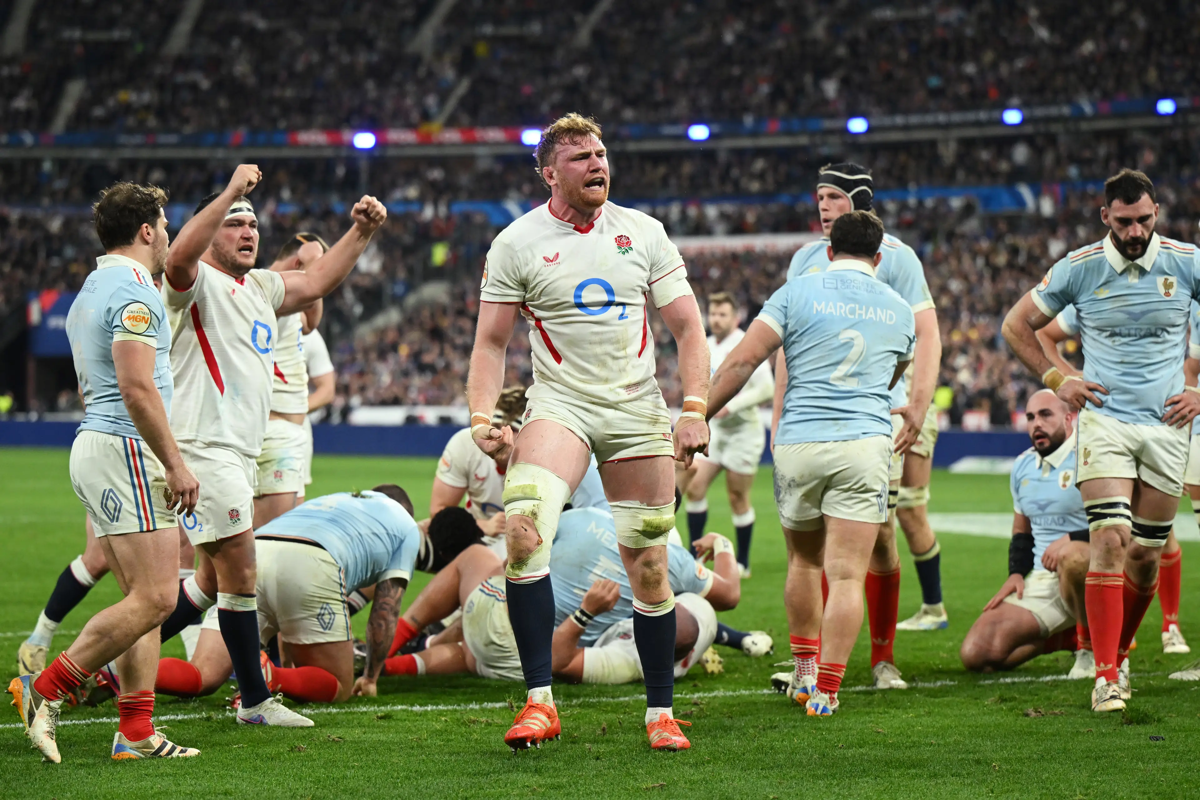 Ollie Chessum of England celebrates scoring his team's second try during the Guinness Six Nations 2026 match between France and England (Getty Images)