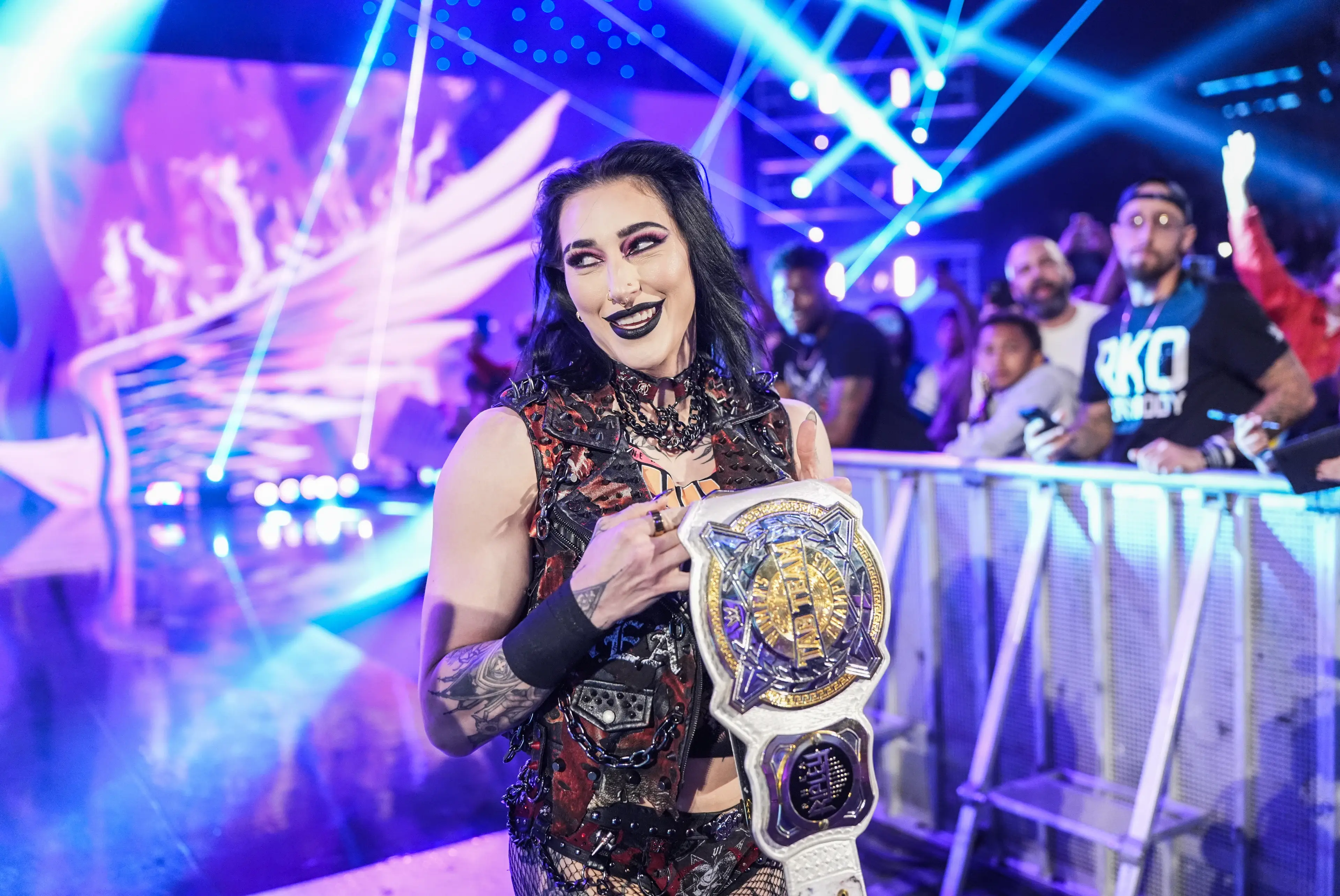 Rhea Ripley makes her entrance during SmackDown at FLA Live Arena in February. Image credit: Getty