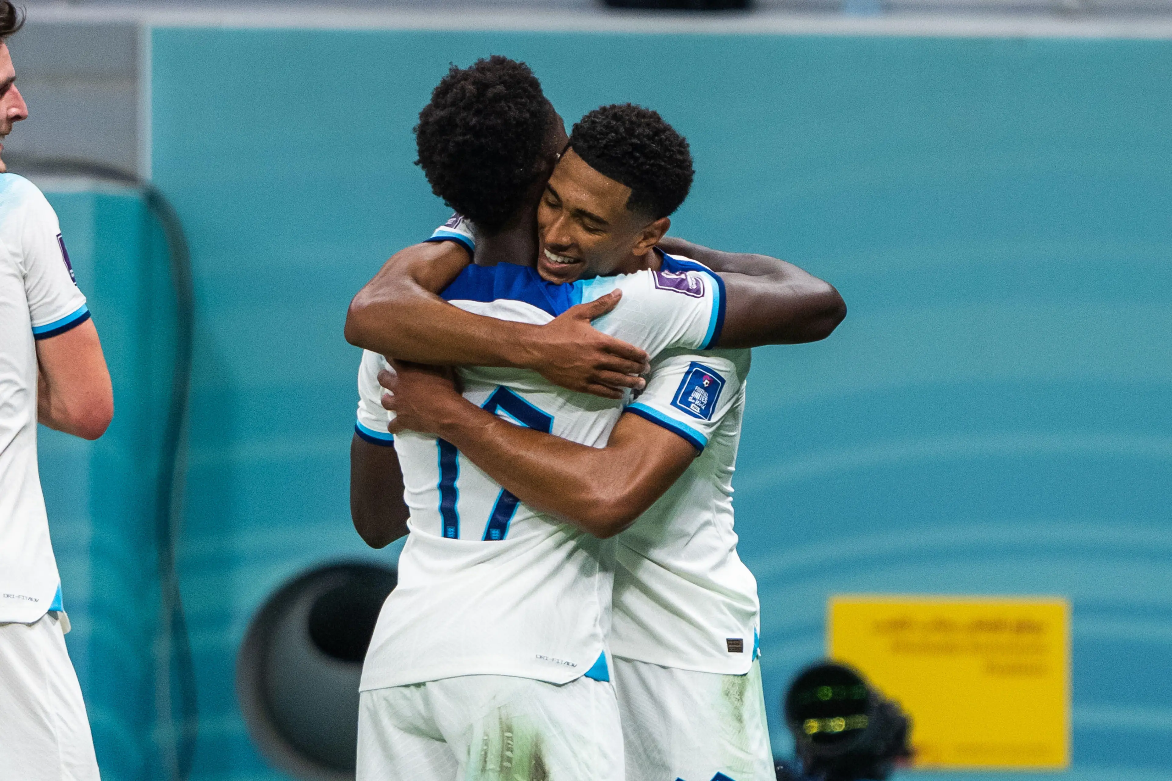 Jude Bellingham and Bukayo Saka celebrate a goal for England. Image: Alamy