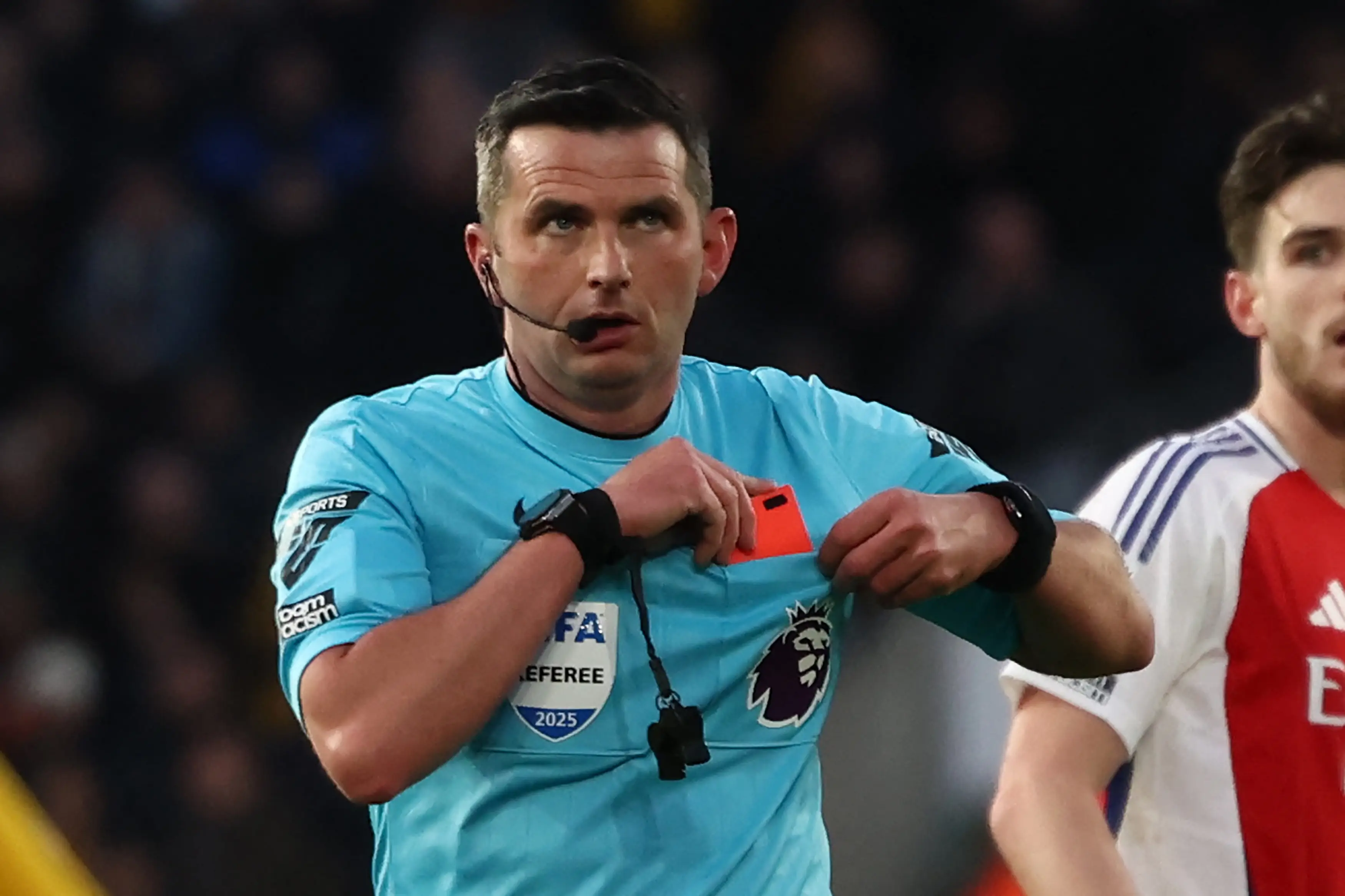 Michael Oliver sent off two players in Arsenal's win over Wolves. Image: Getty