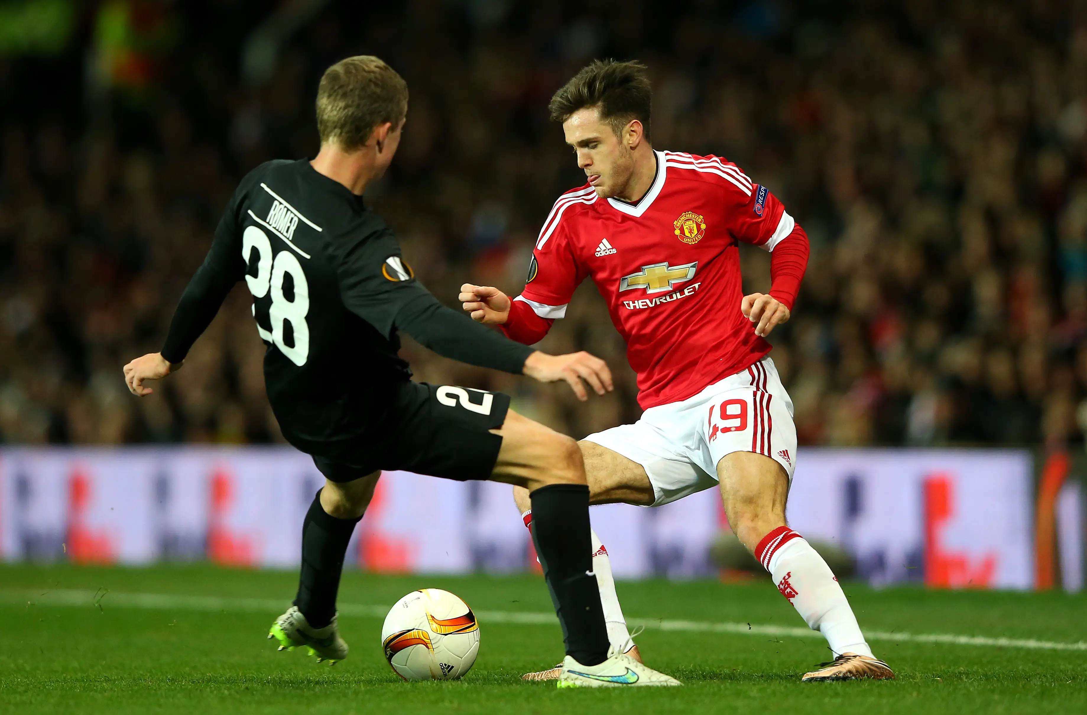 Riley featured against Midtjylland for 70 minutes before being replaced by Marcos Rojo. Image credit: Getty