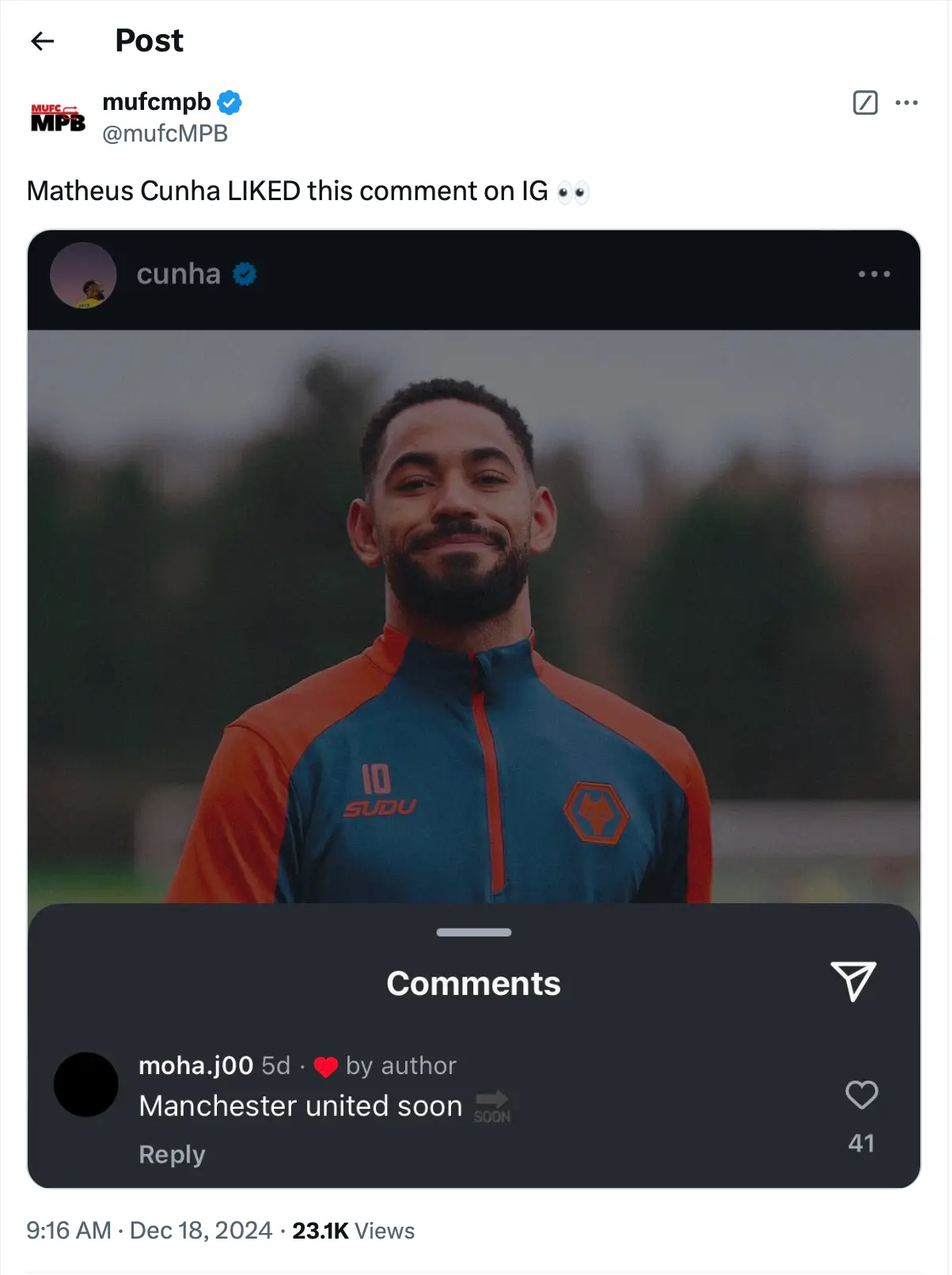 Matheus Cunha appears to have 'liked' a comment about Manchester United. Image: Getty