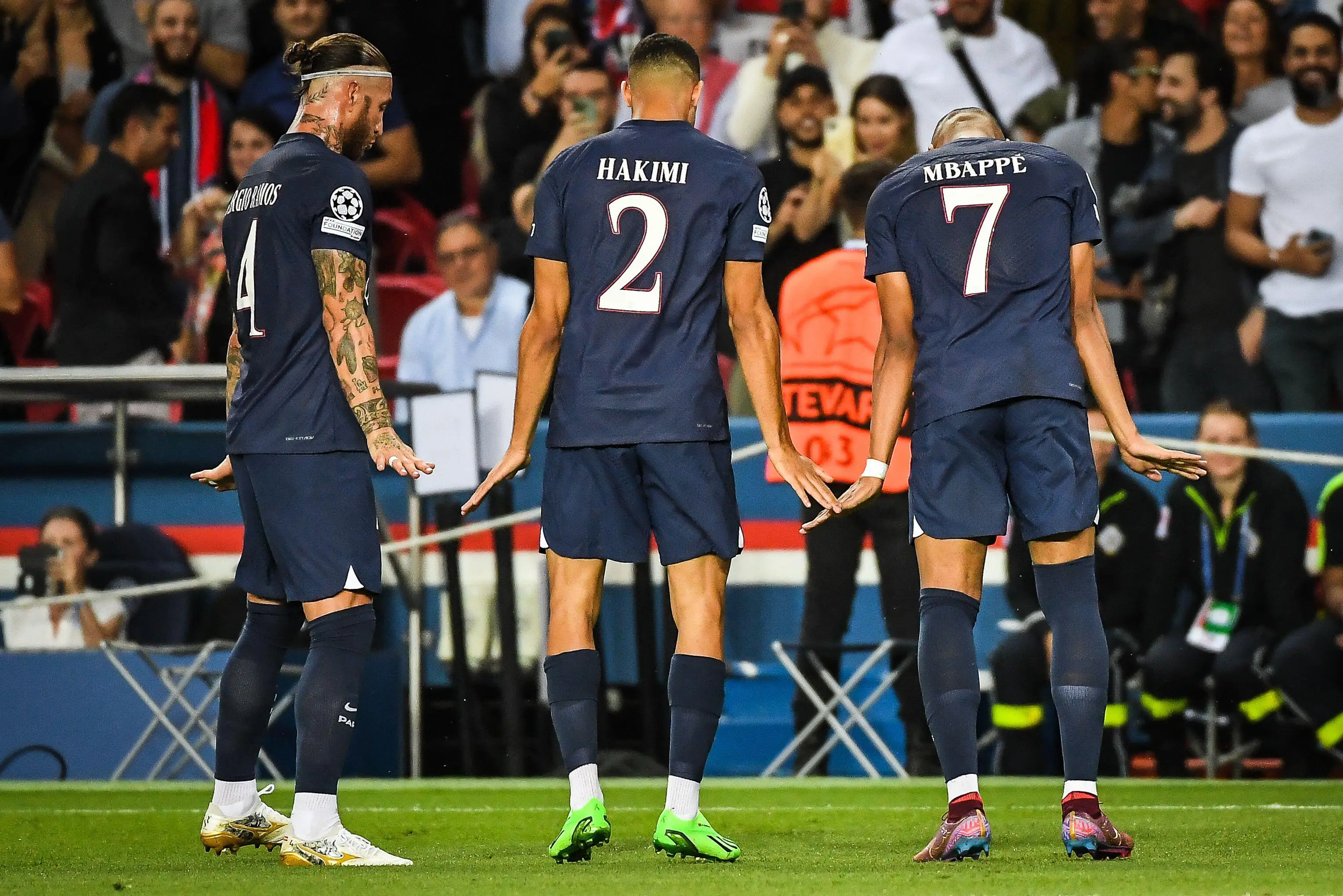Sergio Ramos and Achraf Hakimi hit the 'waddle' celebration. Image: Alamy 