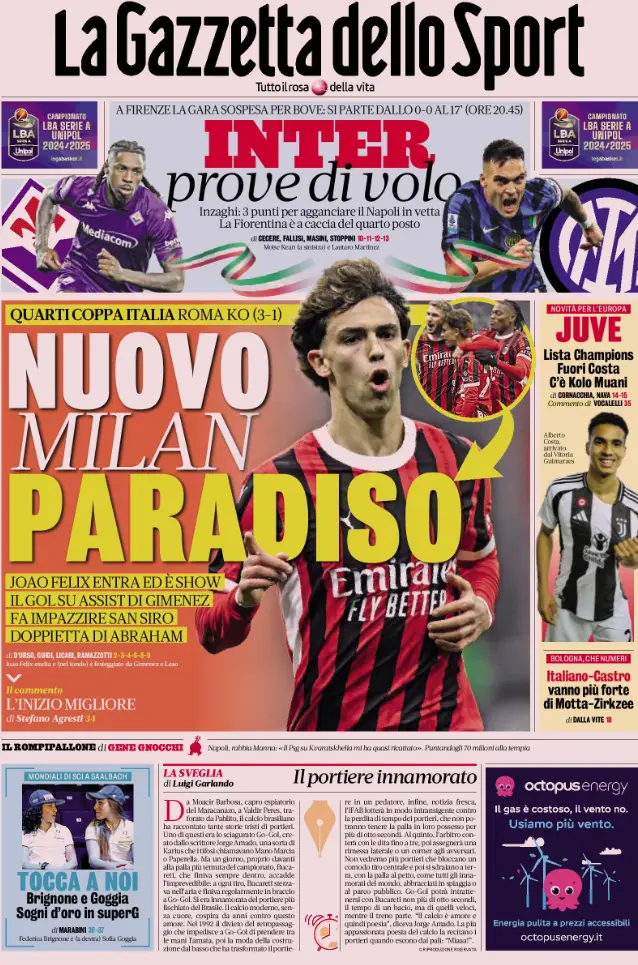 Gazzetta dello Sport waxed lyrical about Joao Felix. Image: Gazzetta dello Sport