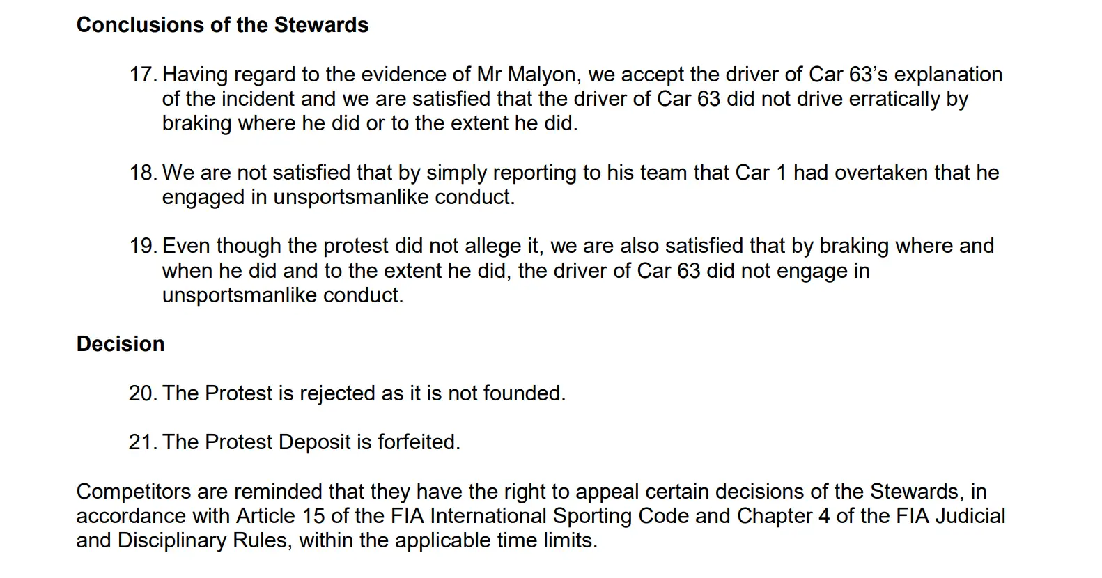 FIA's closing statement on Red Bull's protest against George Russell (Image: FIA)