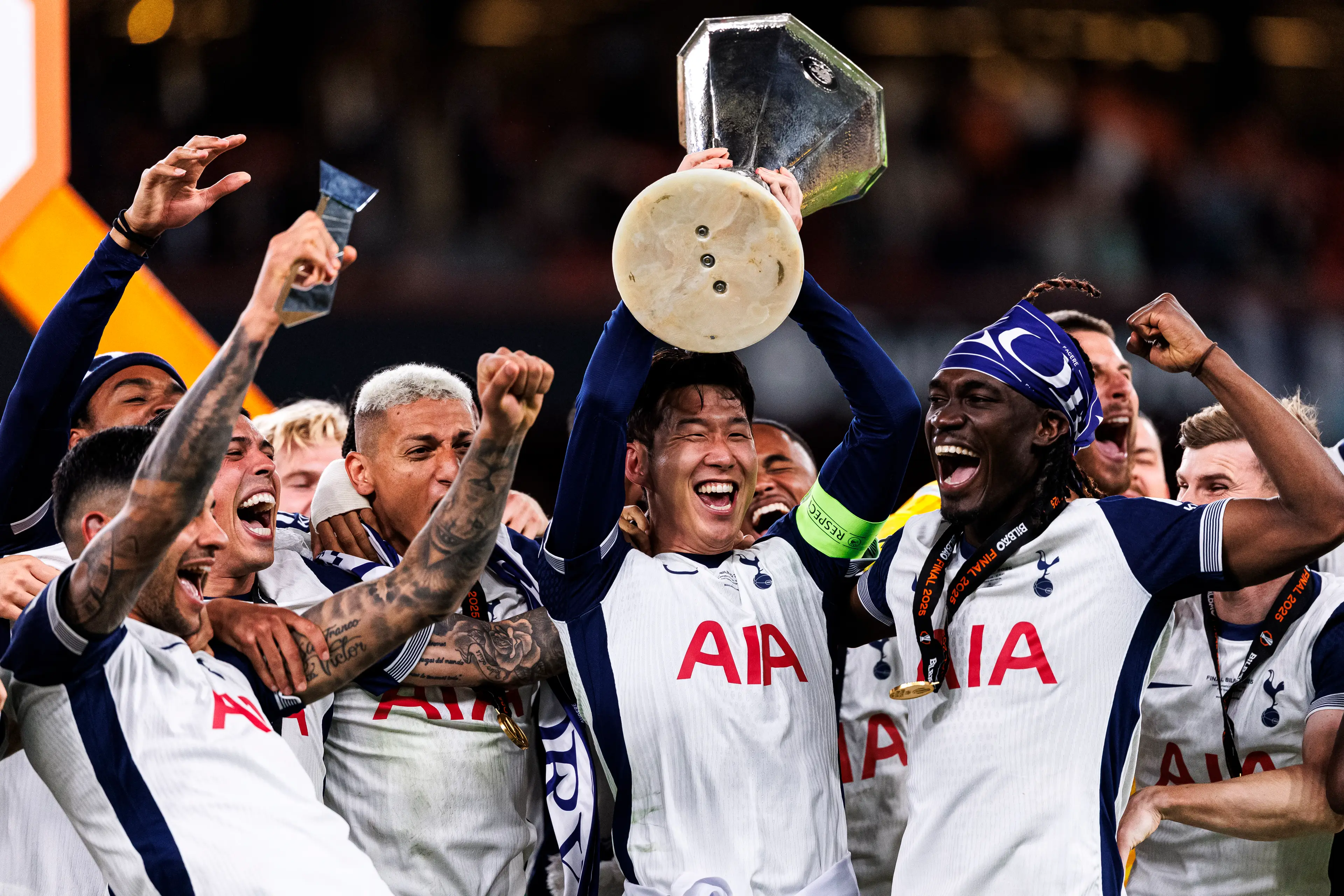 Son Heung-min was seen without a medal as he lifted the Europa League trophy. Image: Getty