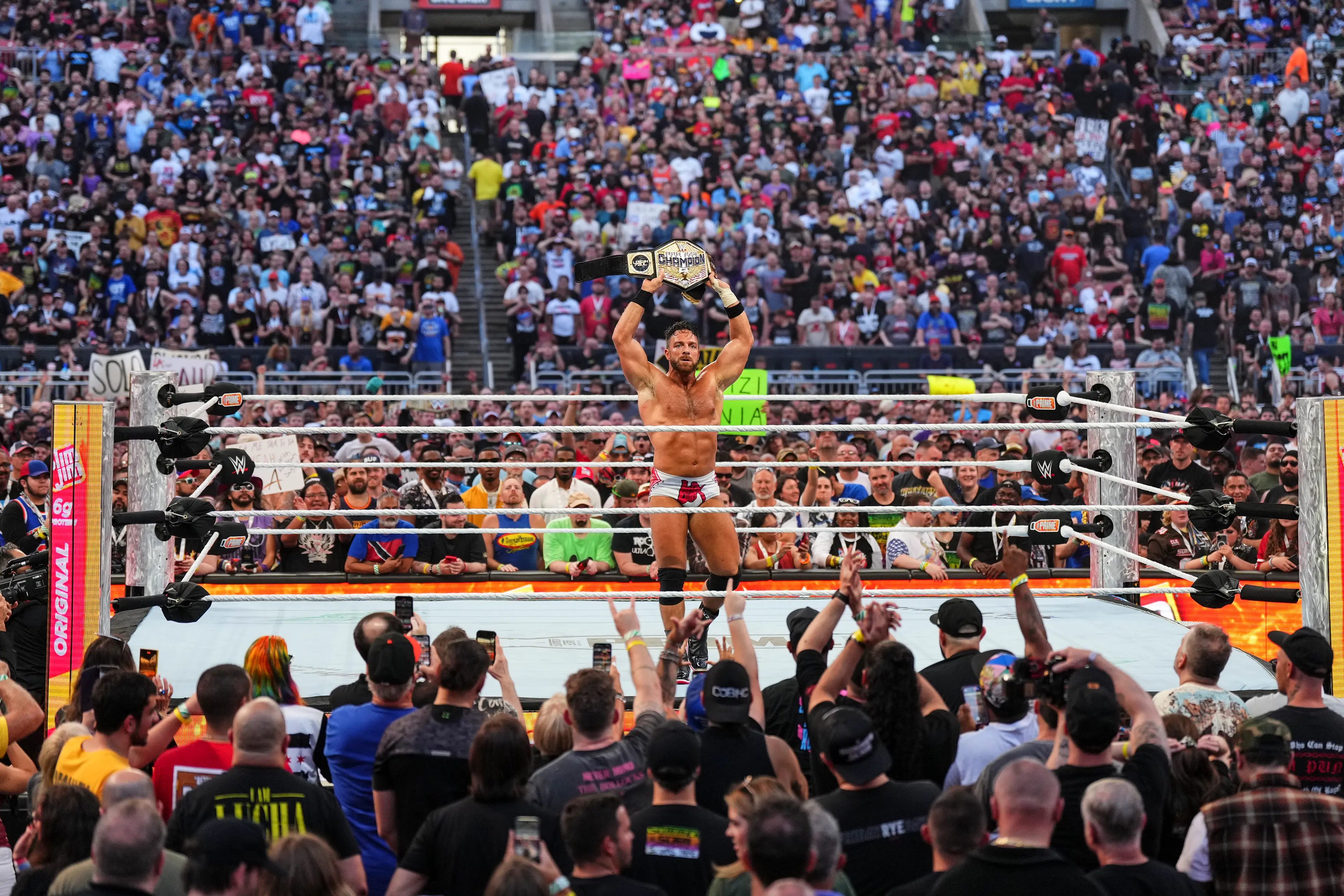 LA Knight defeat Logan Paul to claim his first title in WWE. Image: Getty