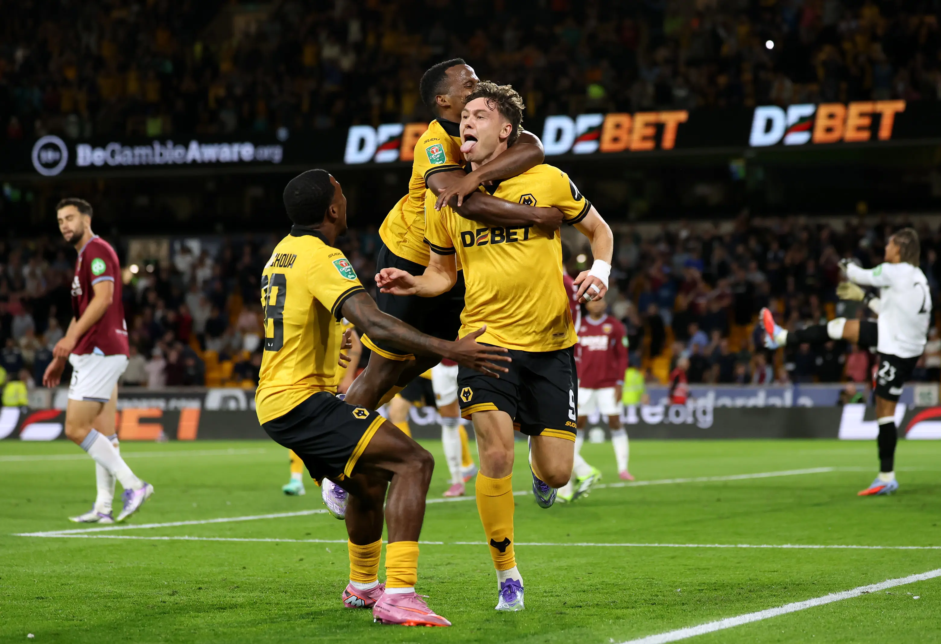 Jorgen Strand Larsen of Wolverhampton Wanderers celebrates scoring.