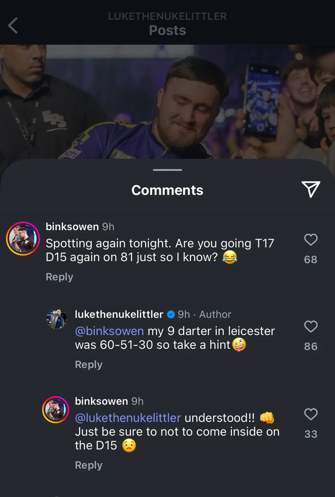 Luke Littler's message to a 'spotter' emerged after his nine-darter. Image: Instagram/Luke Littler 