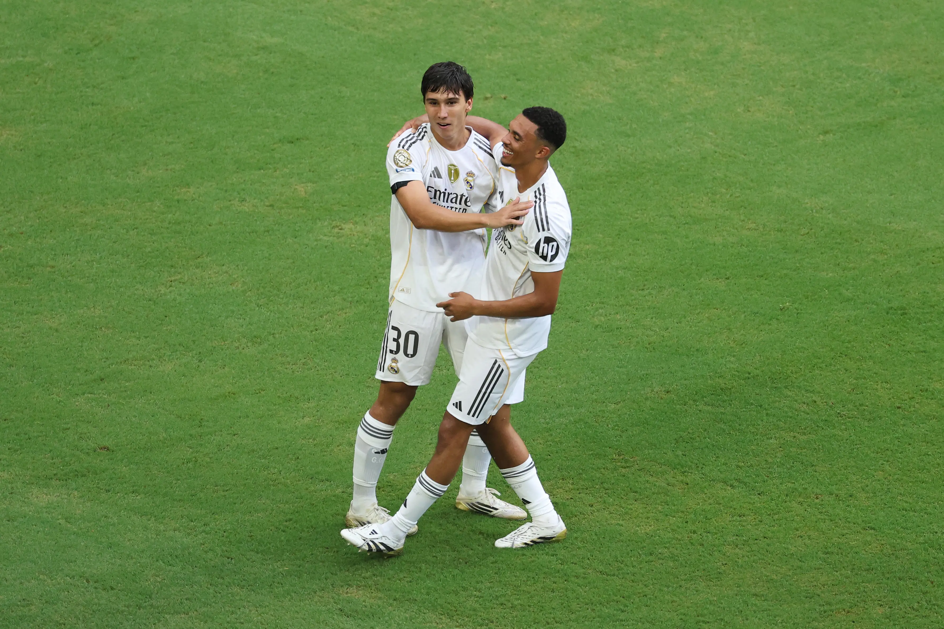 Trent celebrates with Goncalo Garcia after he opened the scoring for Madrid in their Club World Cup clash against Juventus. Image credit: Getty