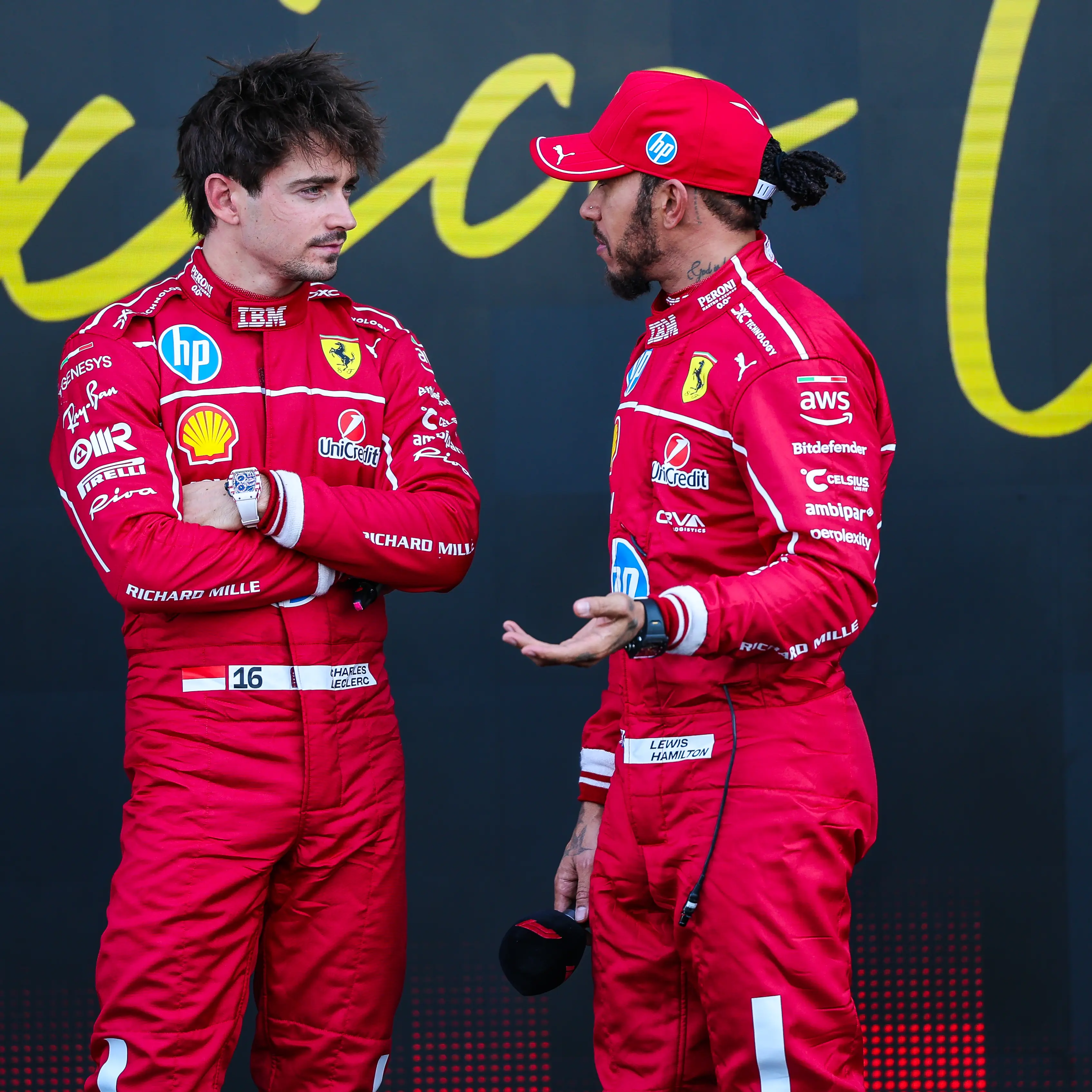 Lewis Hamilton and Charles Leclerc at the 2025 Mexico Grand Prix (credit: getty)
