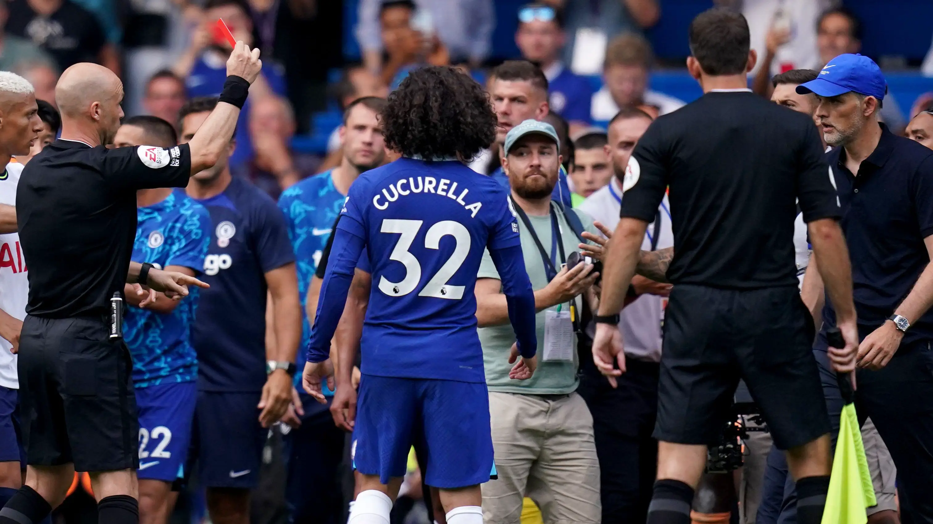 Chelsea manager Thomas Tuchel is sent off by referee Anthony Taylor during the Premier League match at Stamford Bridge.