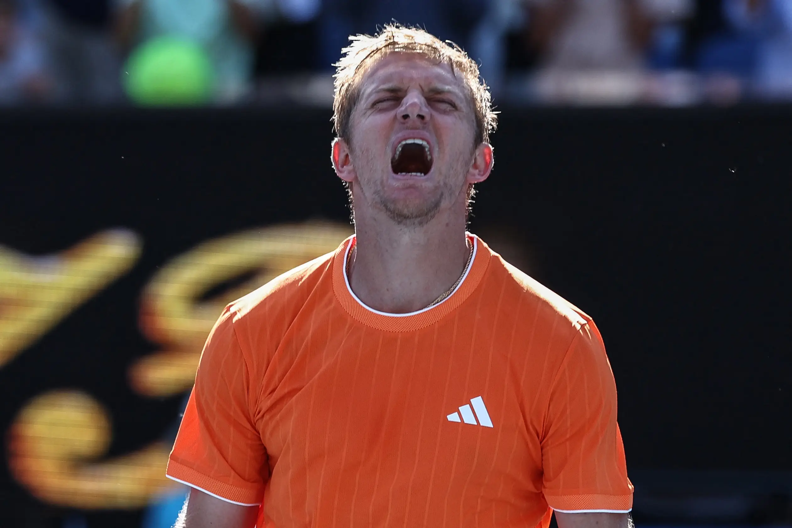 Alejandro Davidovich Fokina celebrates his win over Reilly Opelka at the Australian Open. Image: Getty 