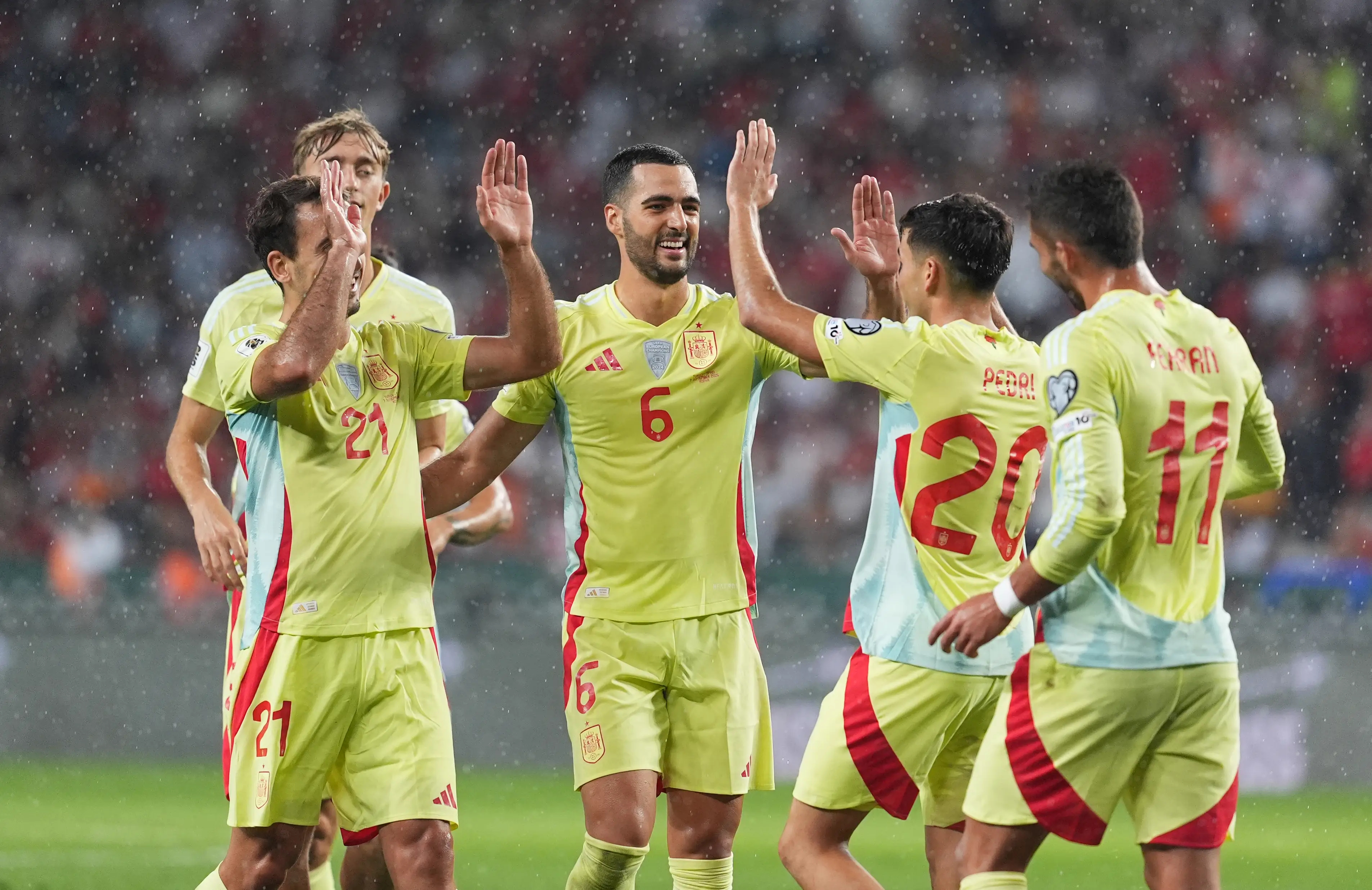 Spain celebrate in their recent 6-0 victory over Turkey. Image: Anadolu / Contributor via Getty