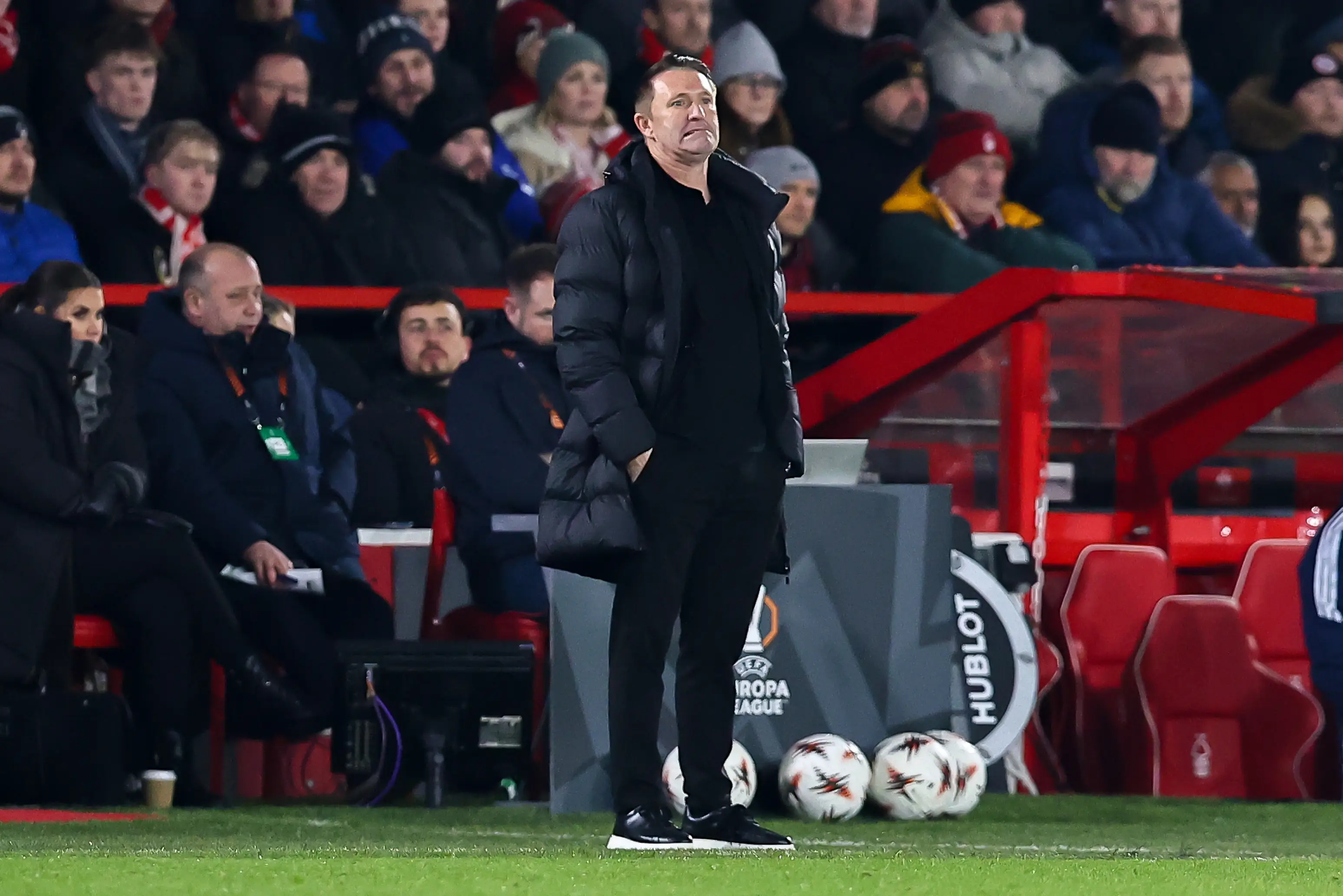 Ferencvaros manager Robbie Keane pictured during the Europa League clash against Nottingham Forest. Image credit: Getty