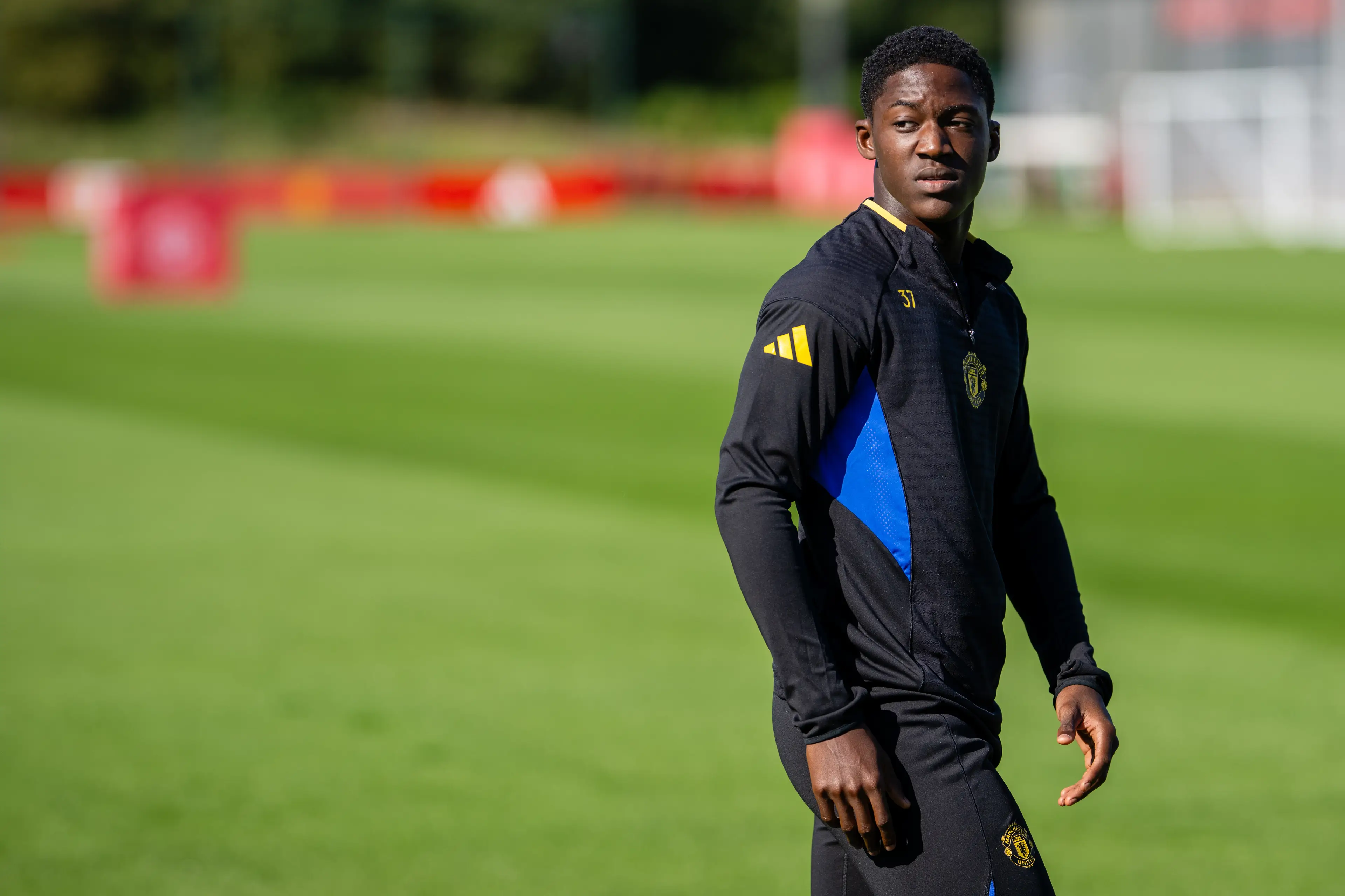 Kobbie Mainoo during a Manchester United training session. Image: Getty 