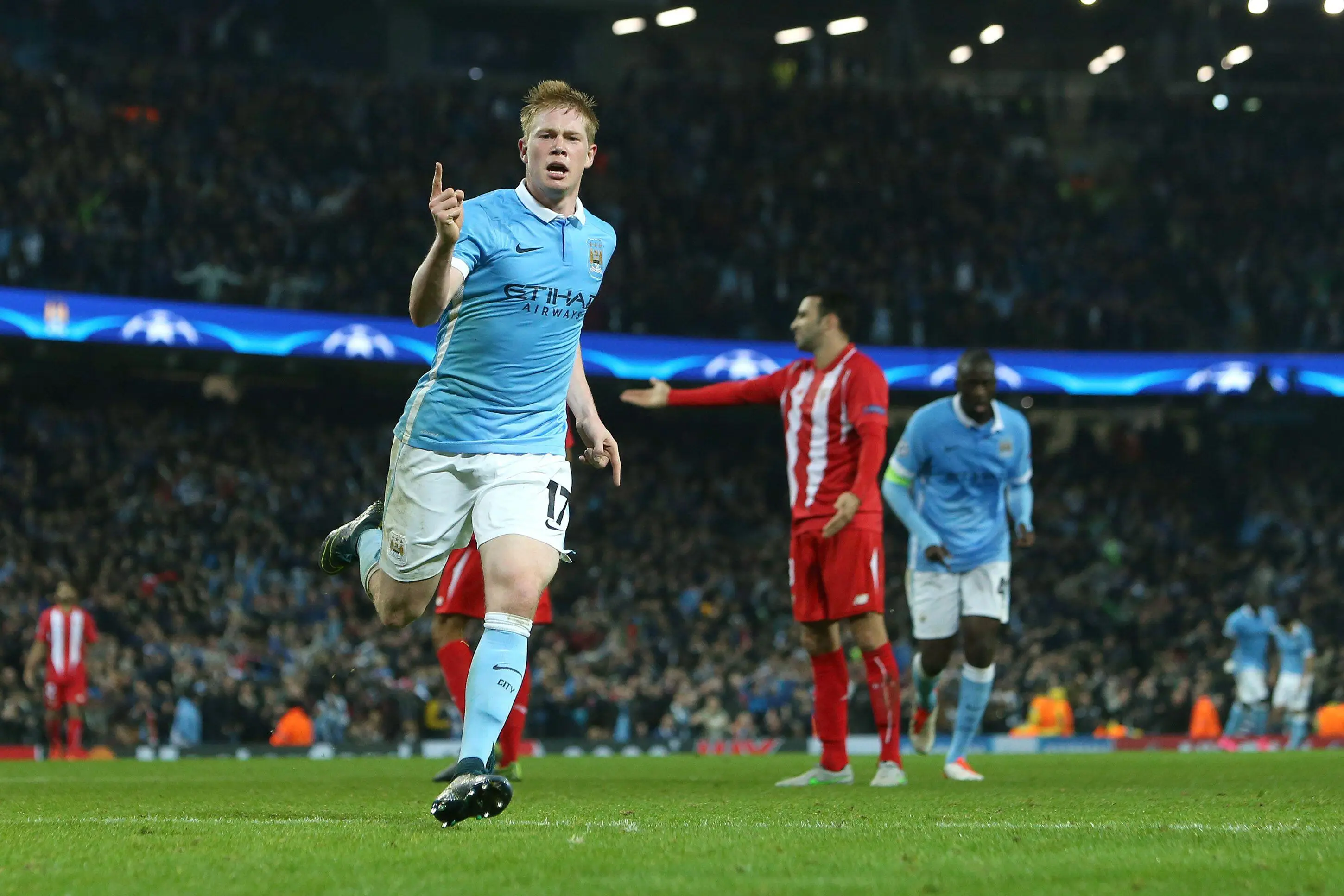 Kevin De Bruyne celebrating his winning goal for Manchester City against Sevilla in 2015. (Sipa US / Alamy)
