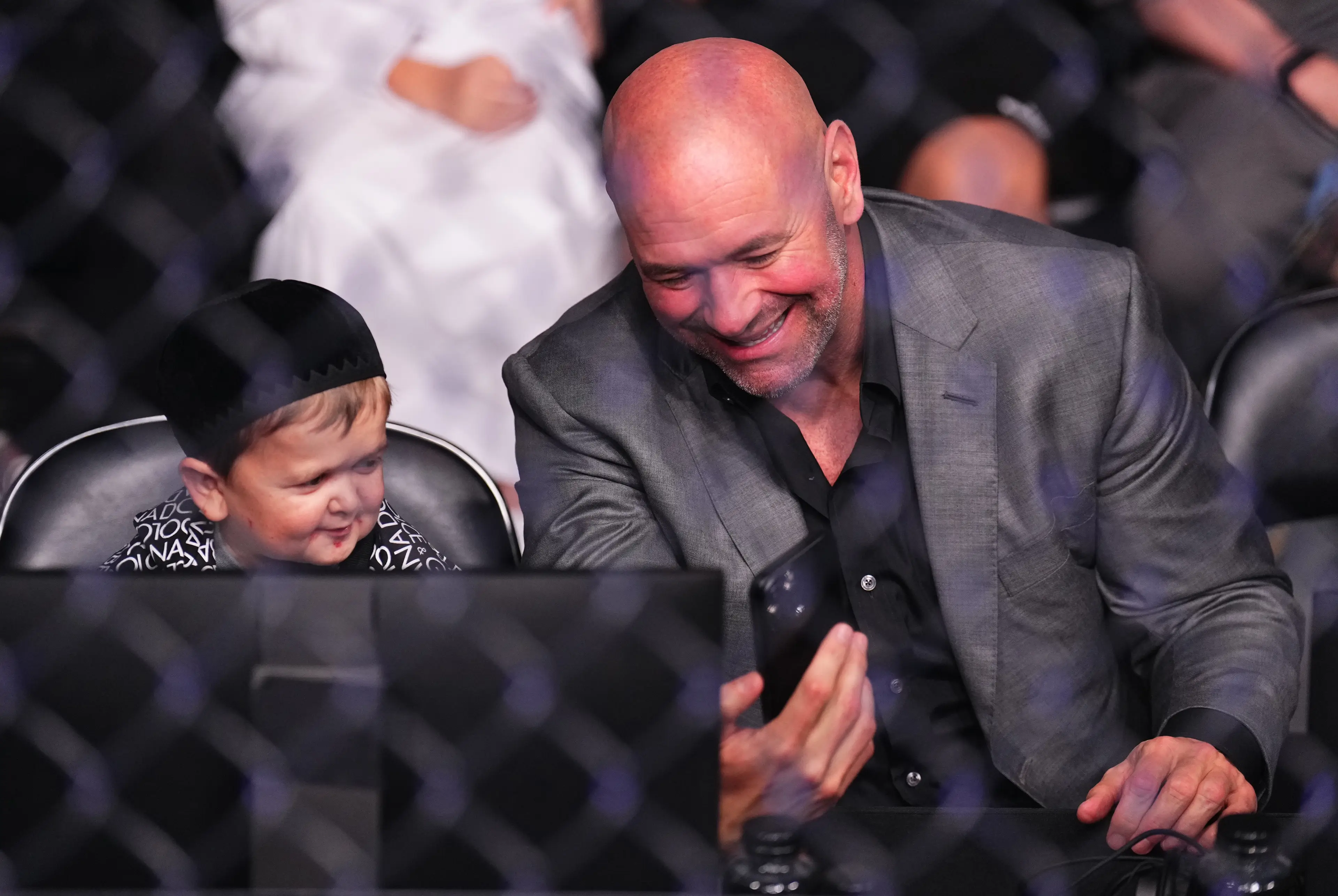 Hasbulla and Dana White during UFC 294 in Abu Dhabi. Image: Getty
