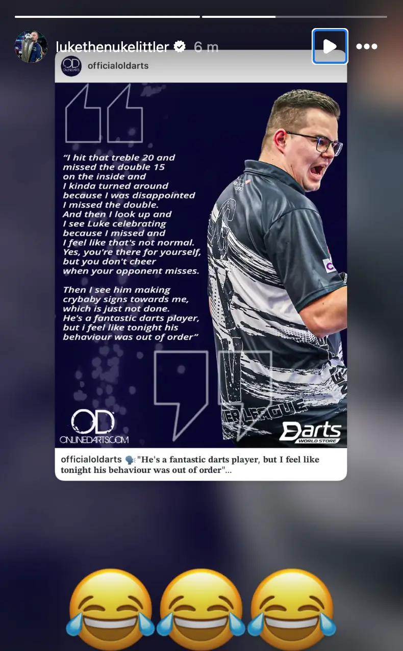 Littler posted the quote on his Instagram story. Image credit: Luke Littler/Instagram