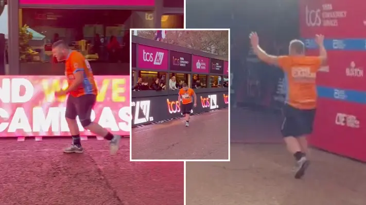 The final runner at the London Marathon was clapped and cheered across the line in wonderful moment