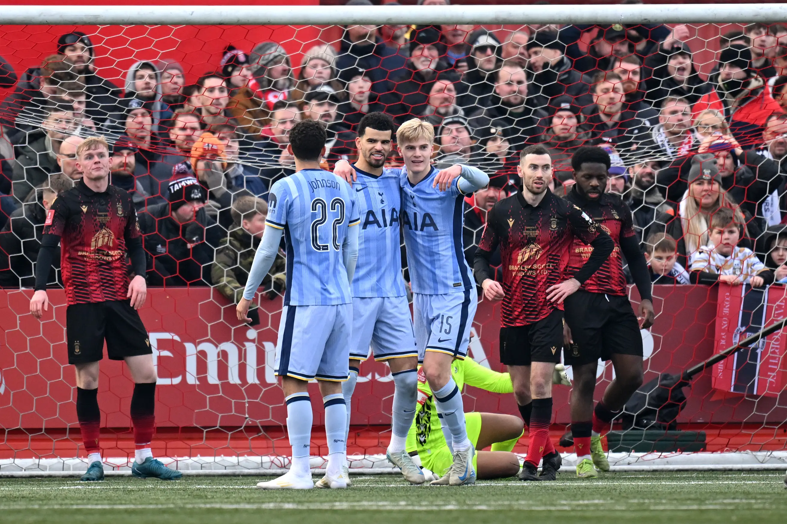Tottenham celebrate their opening goal against Tamworth. Image: Getty 